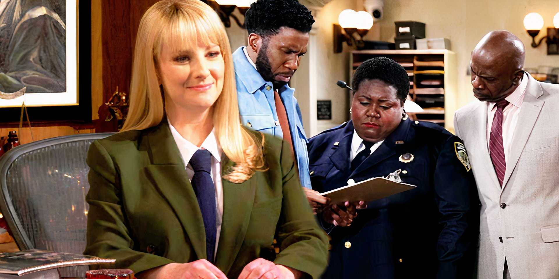 Абби улыбается в своем кабинете, пока три персонажа смотрят на лист в "Ночном суде"