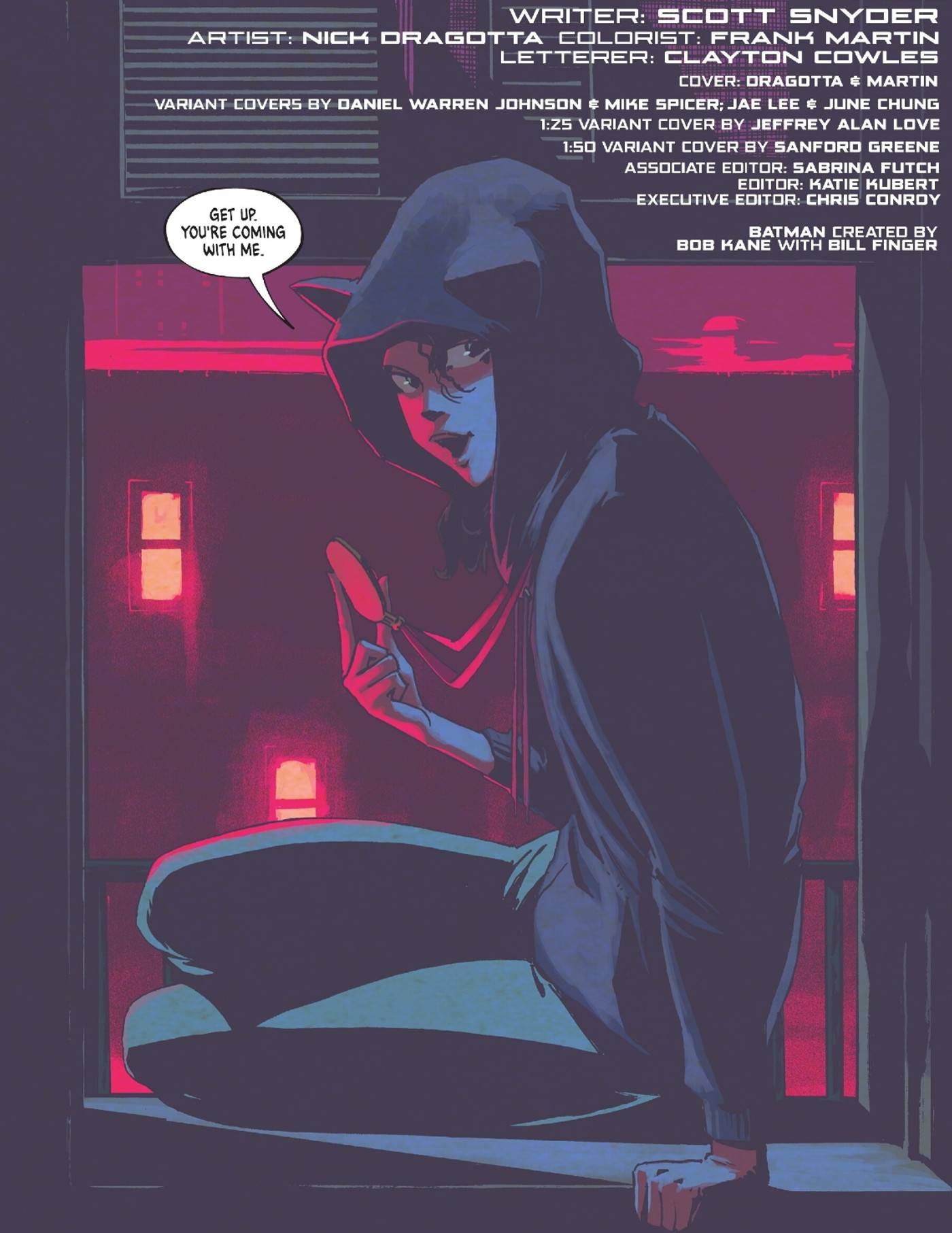 Панель комикса: Селина Кайл из Absolute Universe появляется в окне Брюса Уэйна в кошачьей толстовке и его старой золотой медали, говоря, что он идет с ней.