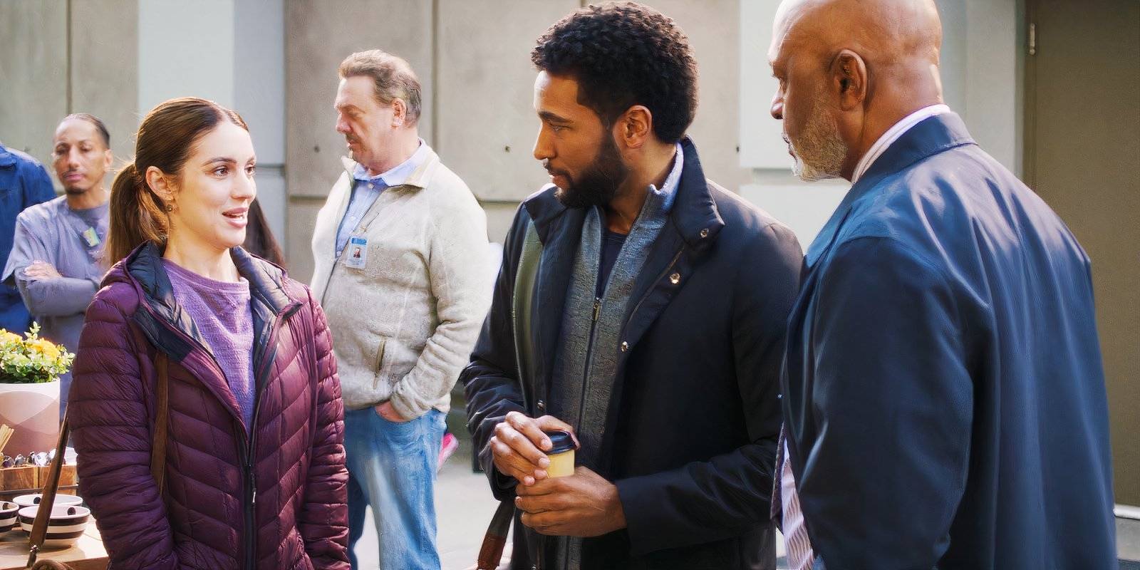 Адлейд Кан как Джулс Миллин, Энтони Хилл как Уинстон Ндугу и Джеймс Пикенс мл. как Ричард Вебер в 21 сезоне "Grey's Anatomy"