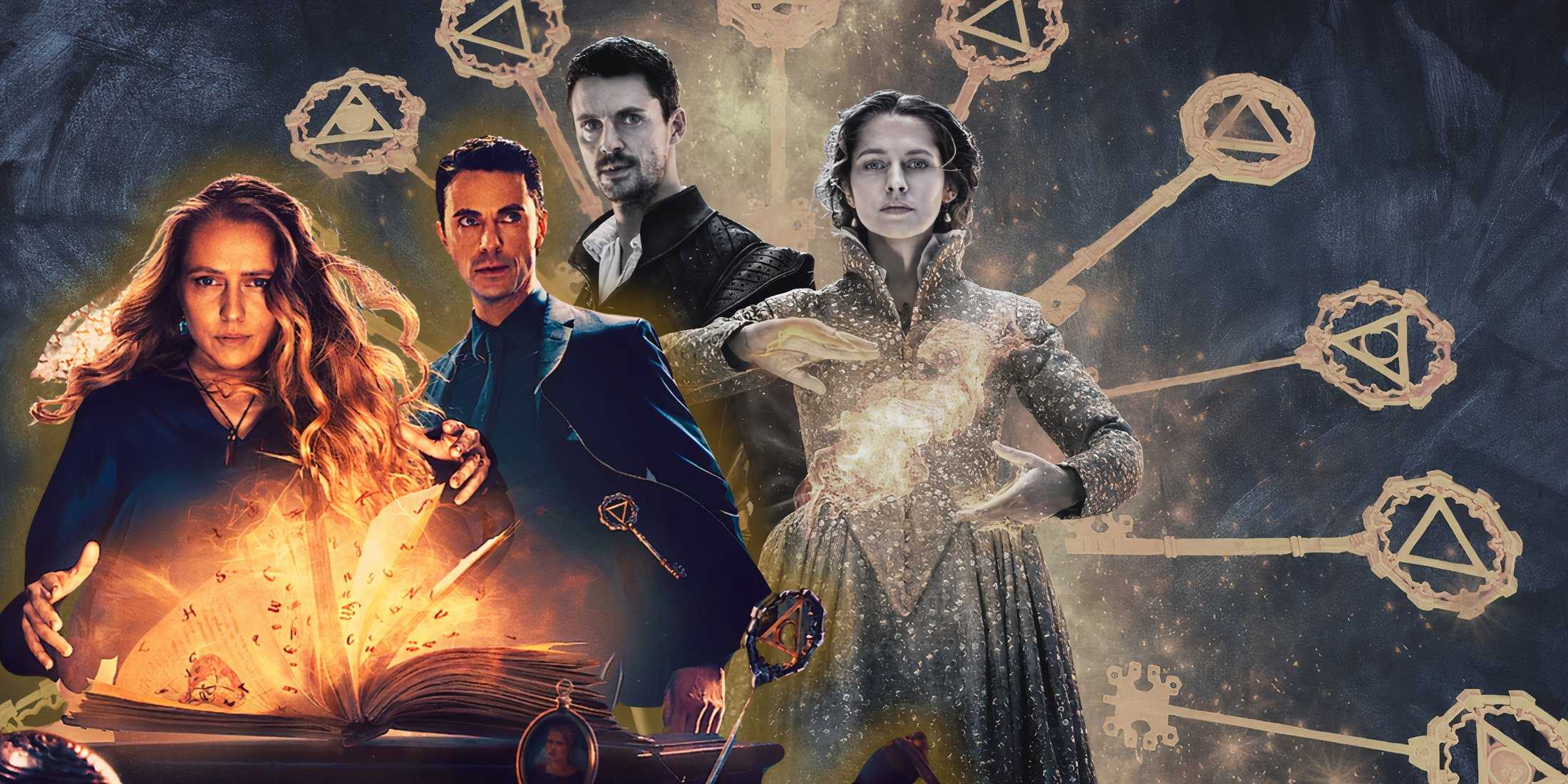 Композиция из двух промо-изображений с участием Мэтта Гуда и Терезы Палмер, держащих магические предметы в фильме *A Discovery Of Witches*