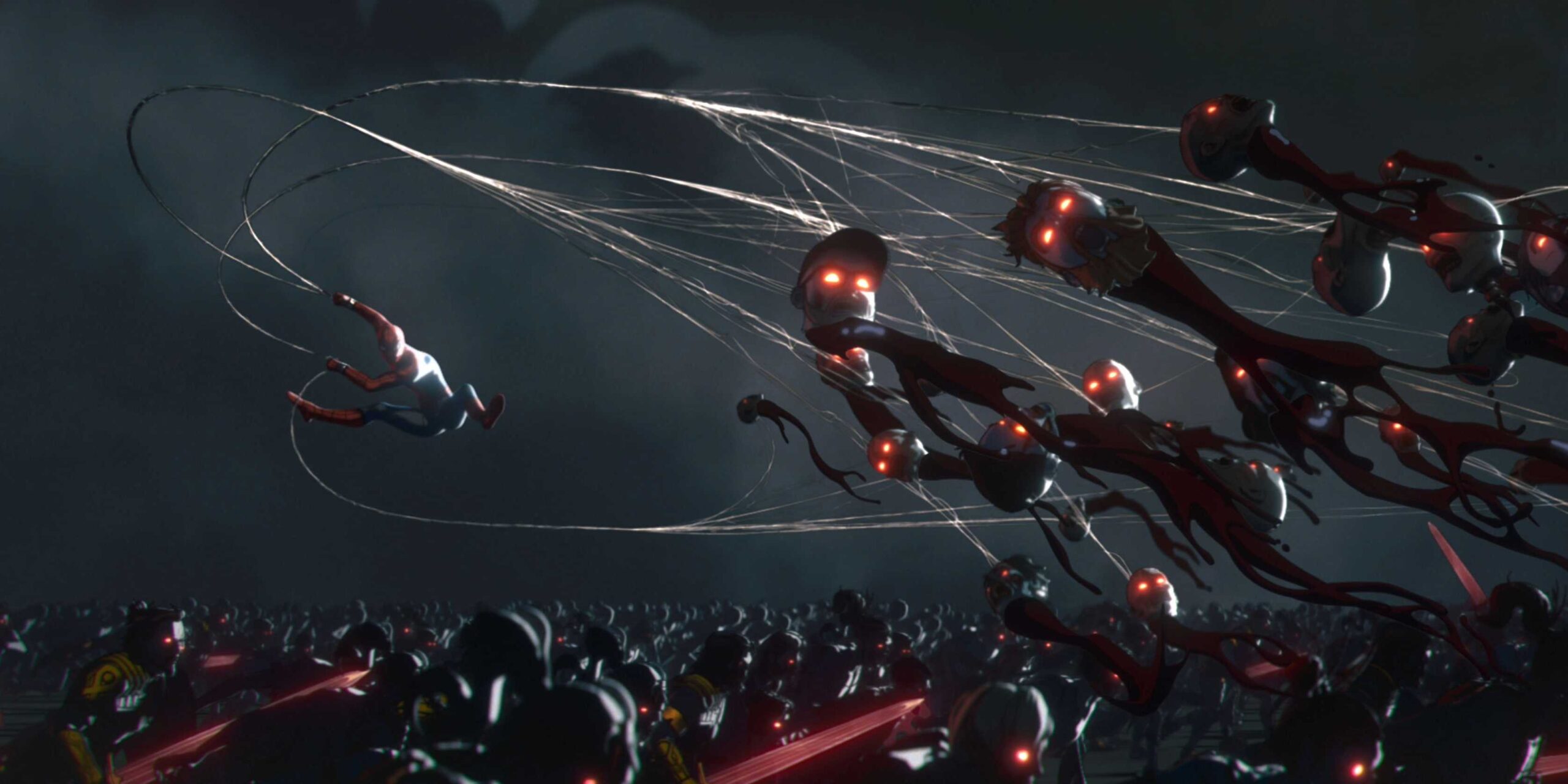 Человек-паук отрубает головы зомби своими паутинами в Marvel Zombies