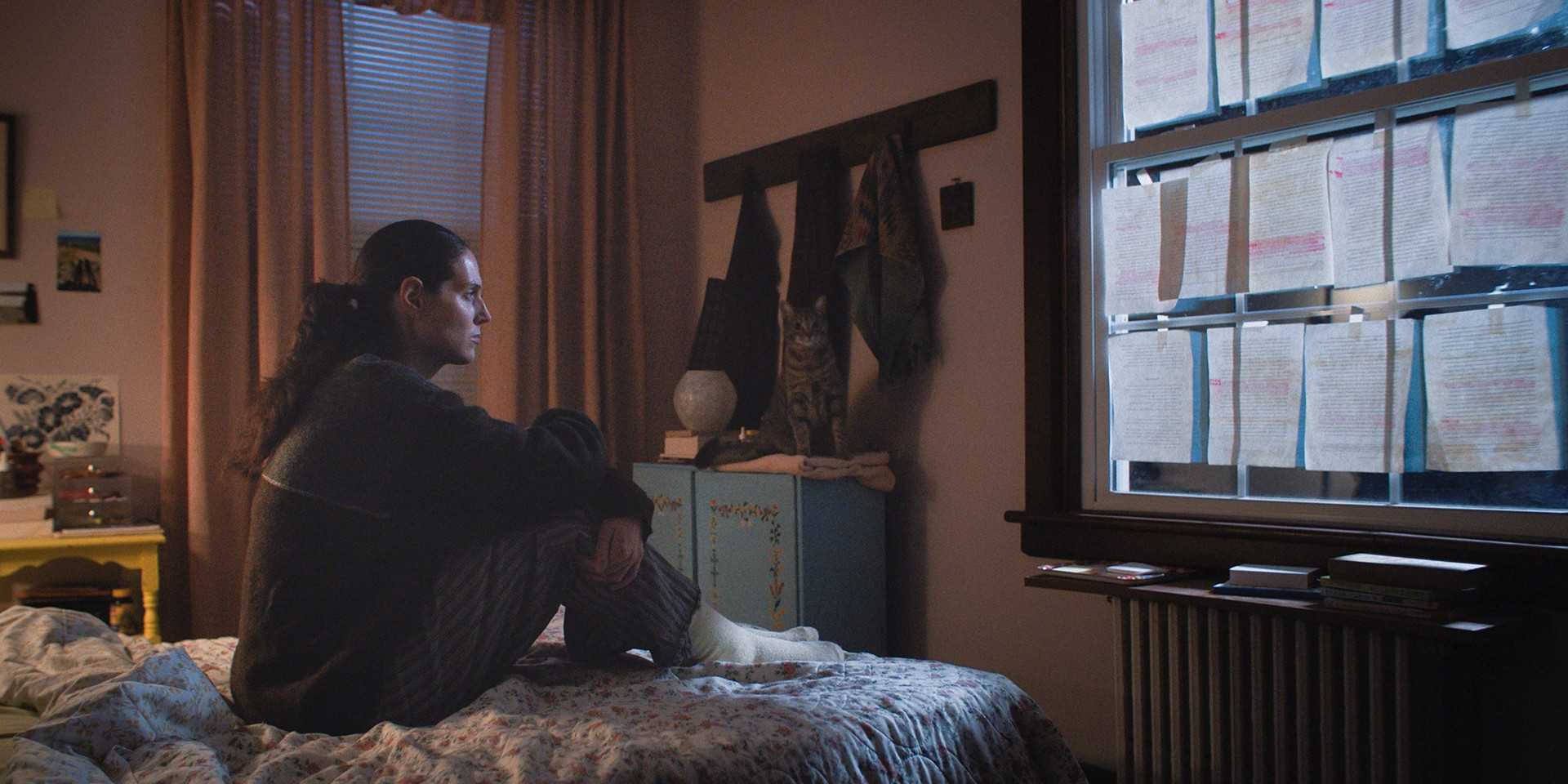 Эгнес сидит на своей кровати и смотрит в окно, которое заполнено листами с ее диссертацией, в фильме "Sorry, Baby"