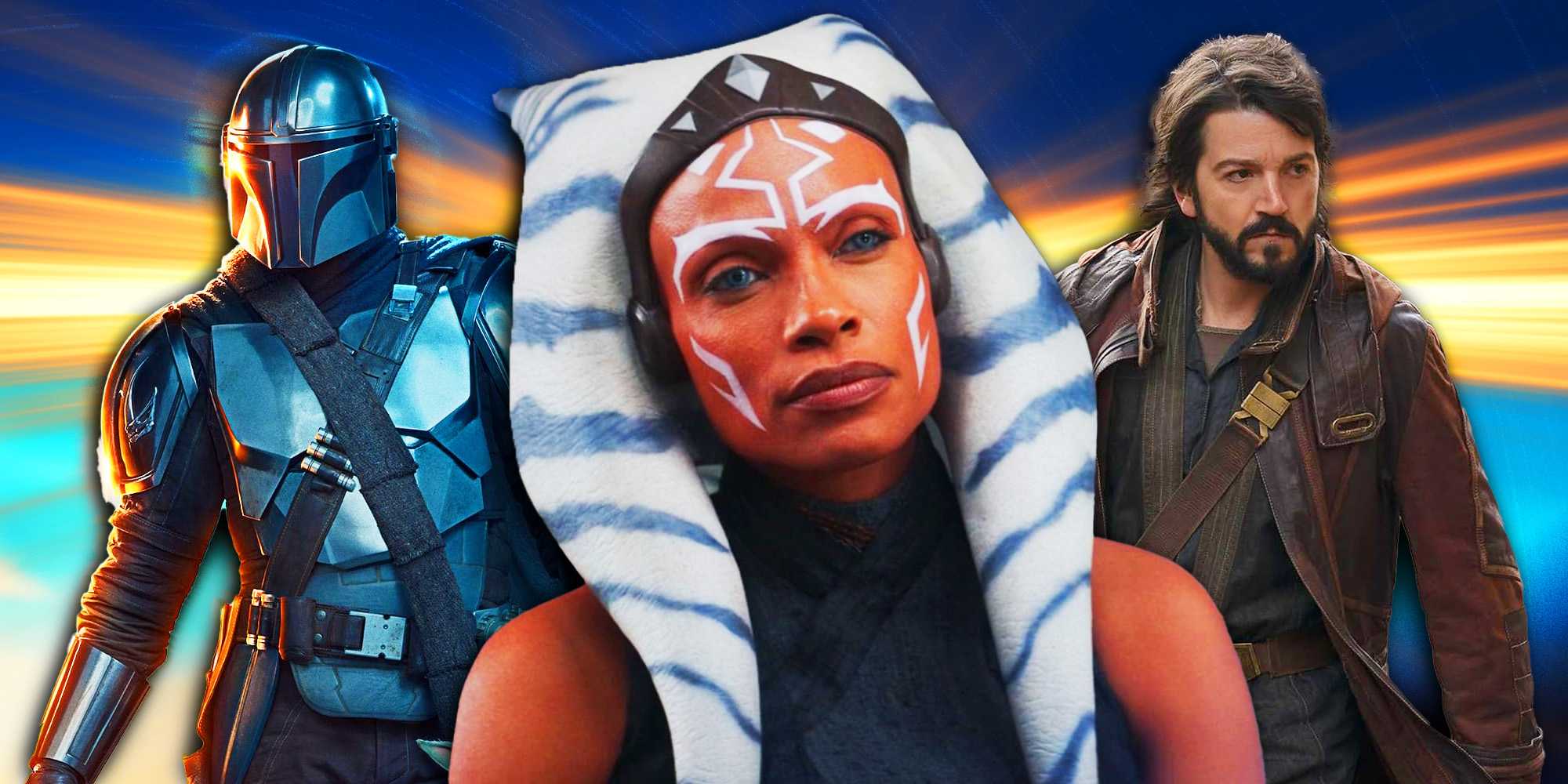 Розарио Доусон в роли Ашоки Тано в «Ашока», наложенная на Дина Джайрина в «Мандалоре» и Диего Луну в «Андор»