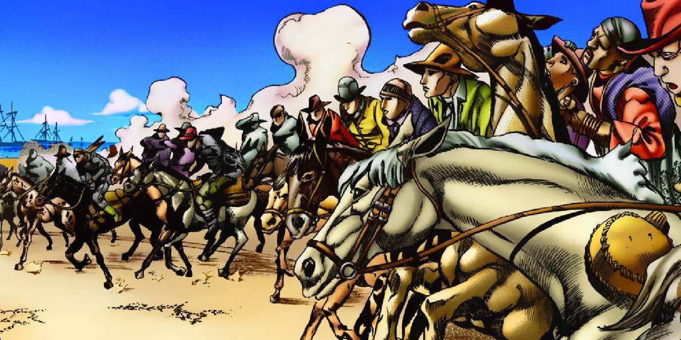 Все лошади выстроились для гонки в JoJo's Bizarre Adventure Steel Ball Run