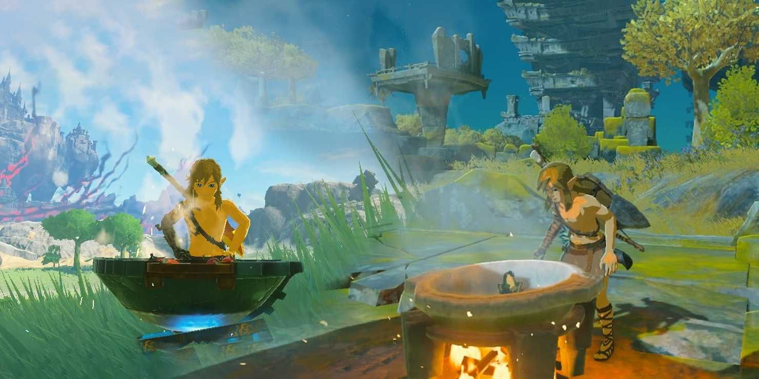Две фотографии Линка, готовящего в котле в игре Tears of the Kingdom.