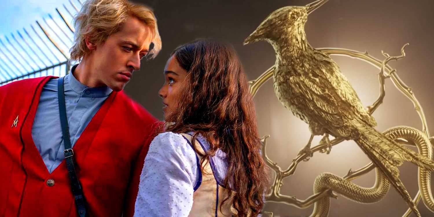 Изображение, на котором Корiolaнус и Люси Грей Бэрд смотрят друг на друга в Ballad of Songbirds and Snakes