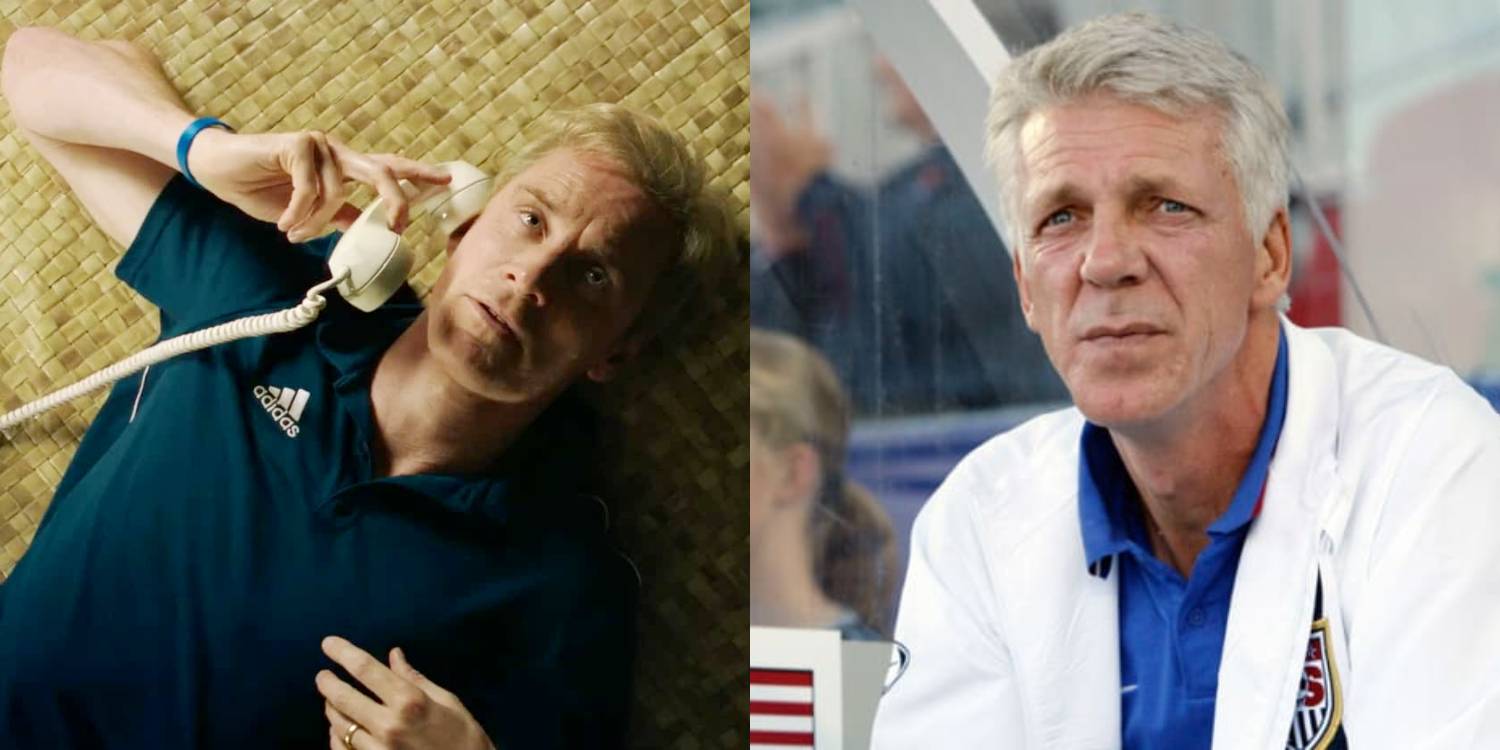 Изображение Майкла Фассбендера, разговаривающего по телефону в фильме "Следующая цель: победа", и Томаса Ронгена, сидящего на скамейке в фильме "Следующая цель: победа"