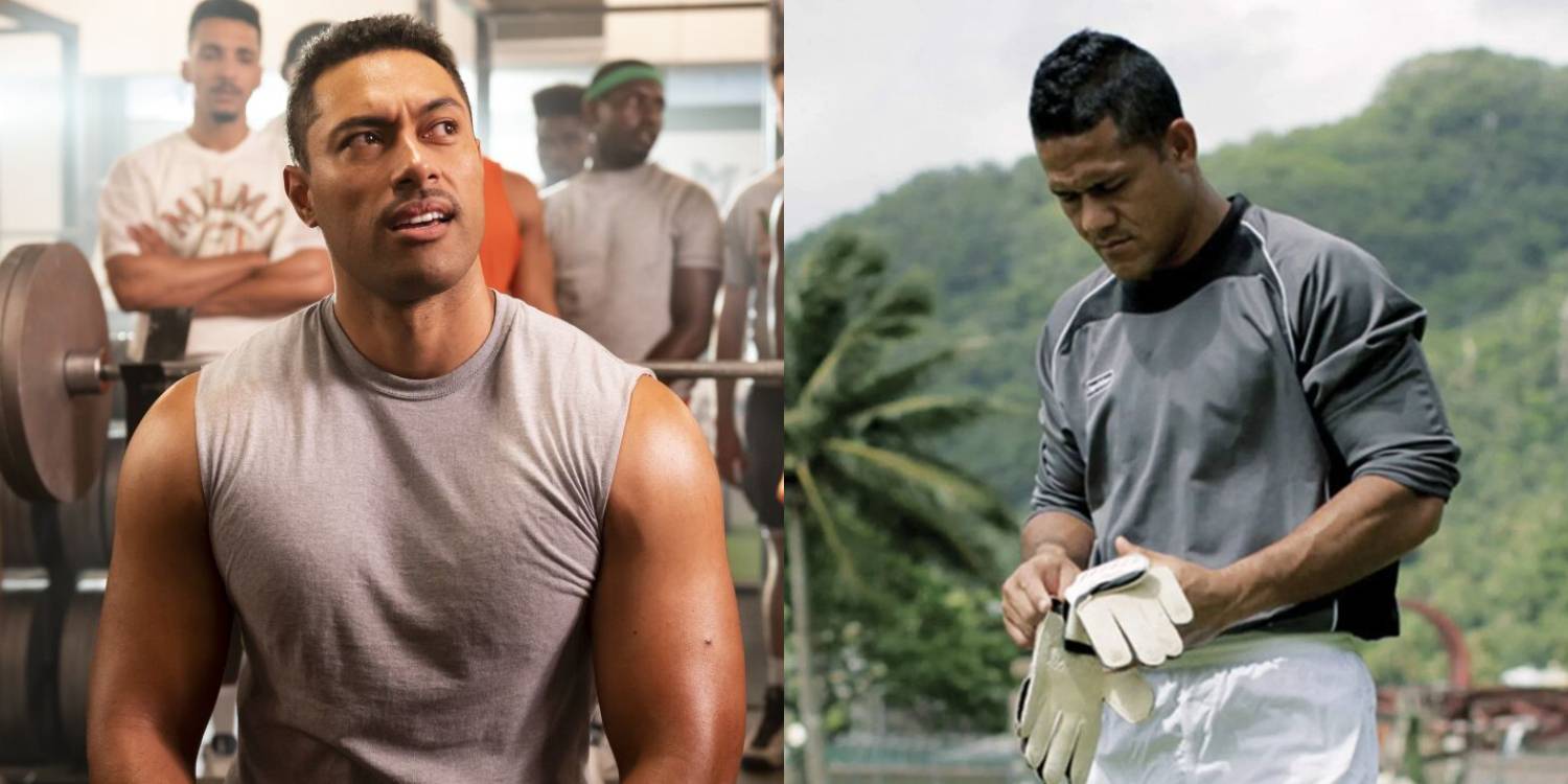 Изображение Ули Латукэфу, сидящего на скамье для тренировок в фильме "Young Rock", и Ники Салапу, рассматривающего свои перчатки в документальном фильме "Следующая цель: победа"