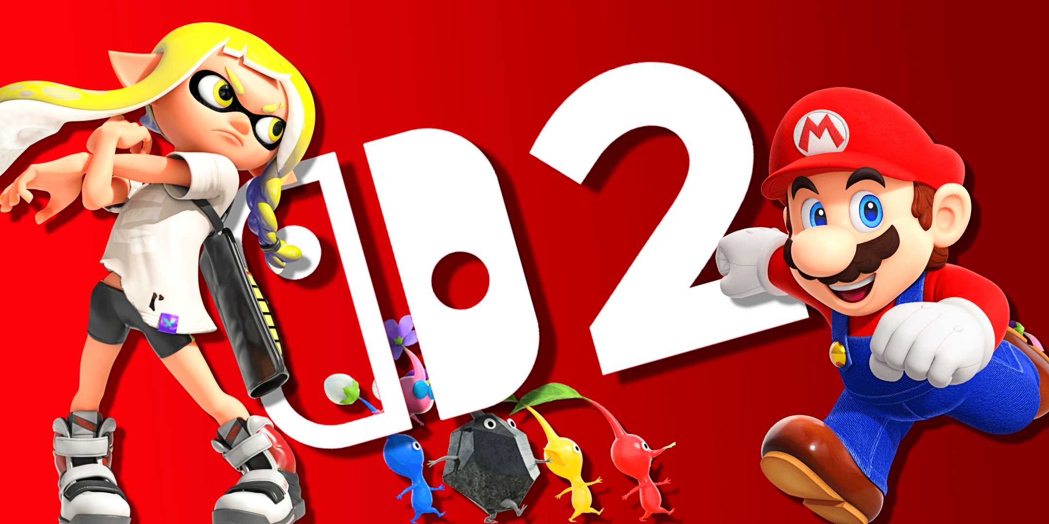 Инкинг, Марио и несколько Пикмин в характерных позах с логотипом Switch 2 на красном фоне.