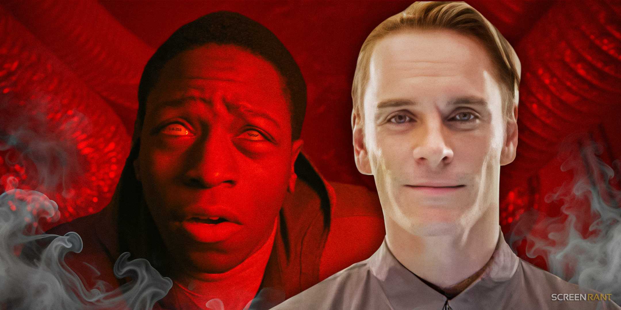 Энди из Ромула с глазами, отступающими назад в голову, вместе с Дэвидом, сыгранным Майклом Фассбендером