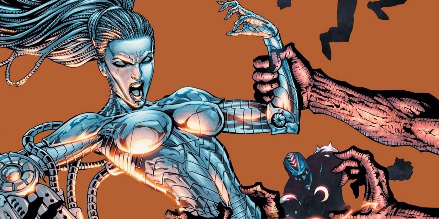 Анжела Спика, сражающаяся с различными нападающими в комиксе DC