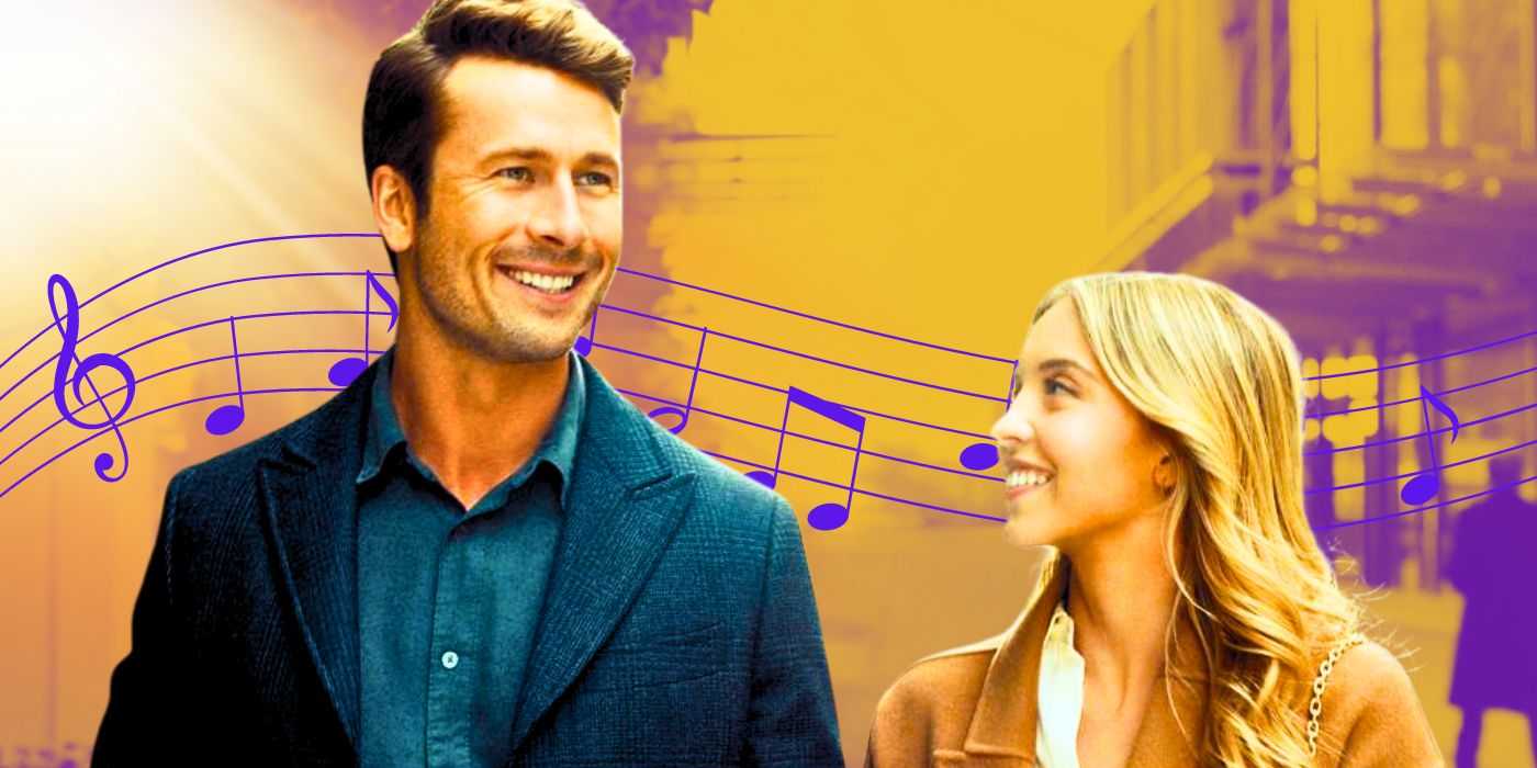 Смеющиеся Бен (Глен Поуэлл) и Би (Сидни Сьюзен) на фоне нотных записей в фильме "Anyone But You"