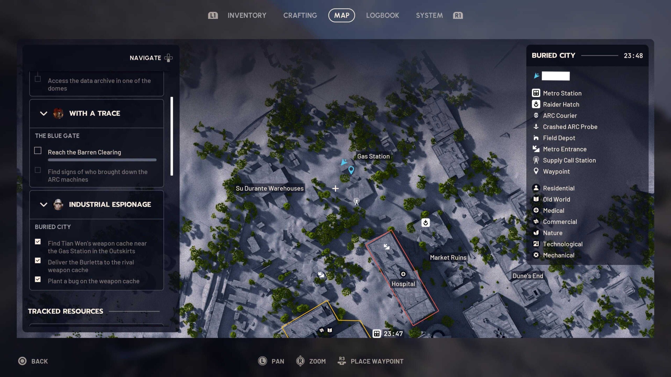 Скриншот карты ARC Raiders, показывающий местонахождение оружия рядом с Бензиновой станцией в Затопленном Городе.