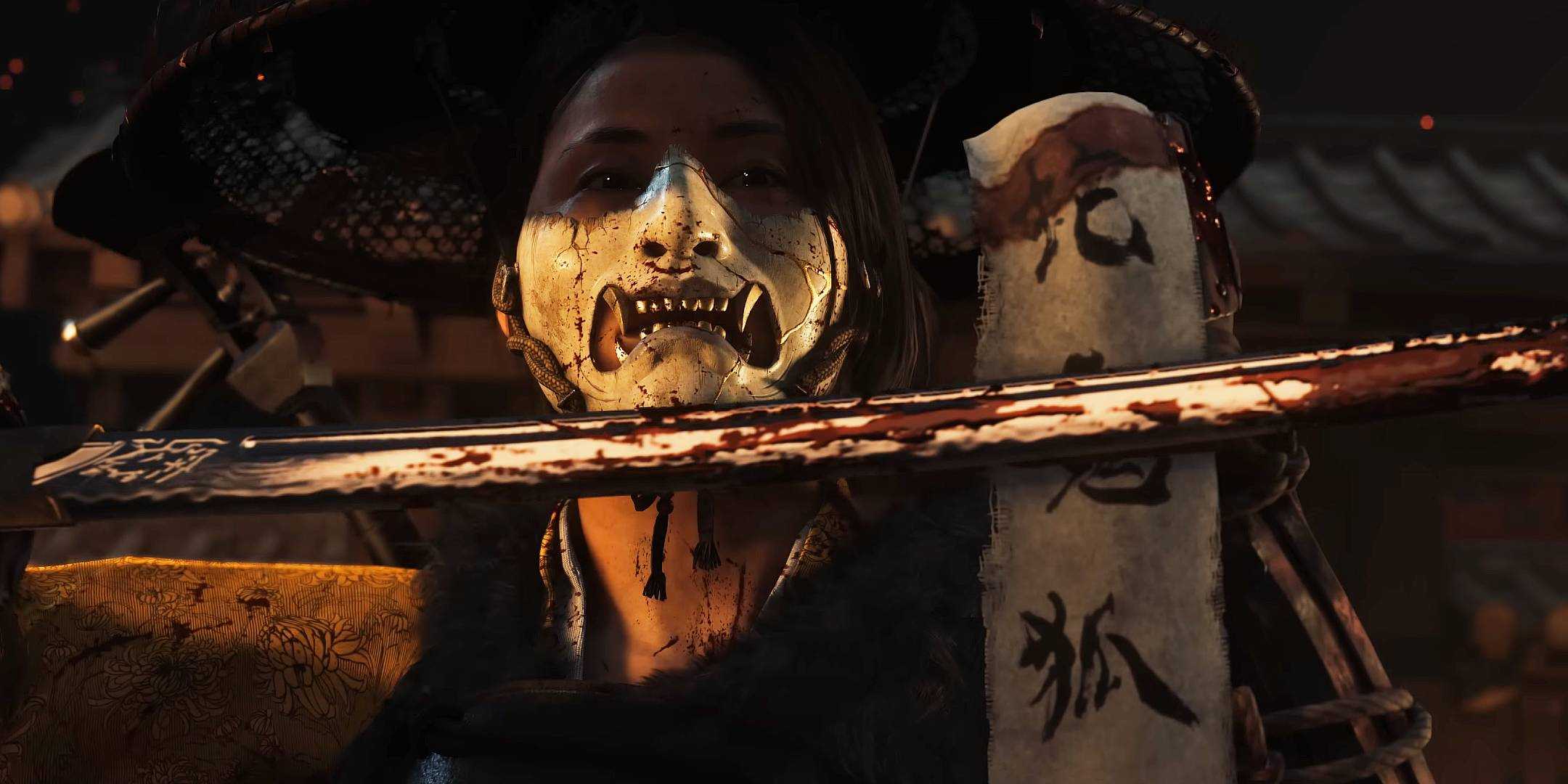 Ацу протирает кровь своего врага по свитку в Ghost of Yotei.