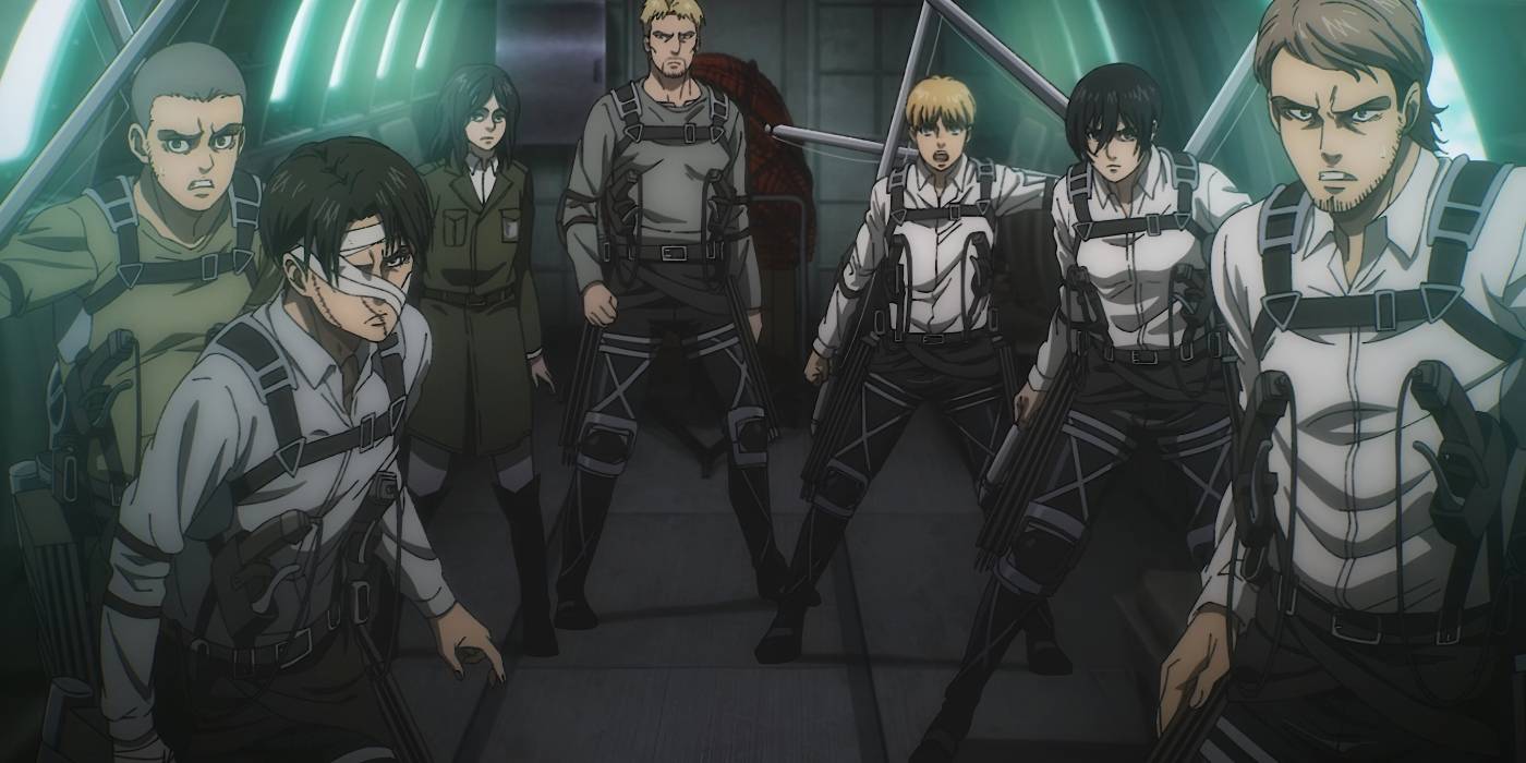 Оставшиеся разведчики и воины подвергаются нападению Флоха на летающем корабле в "Атаке титана: Последние главы".