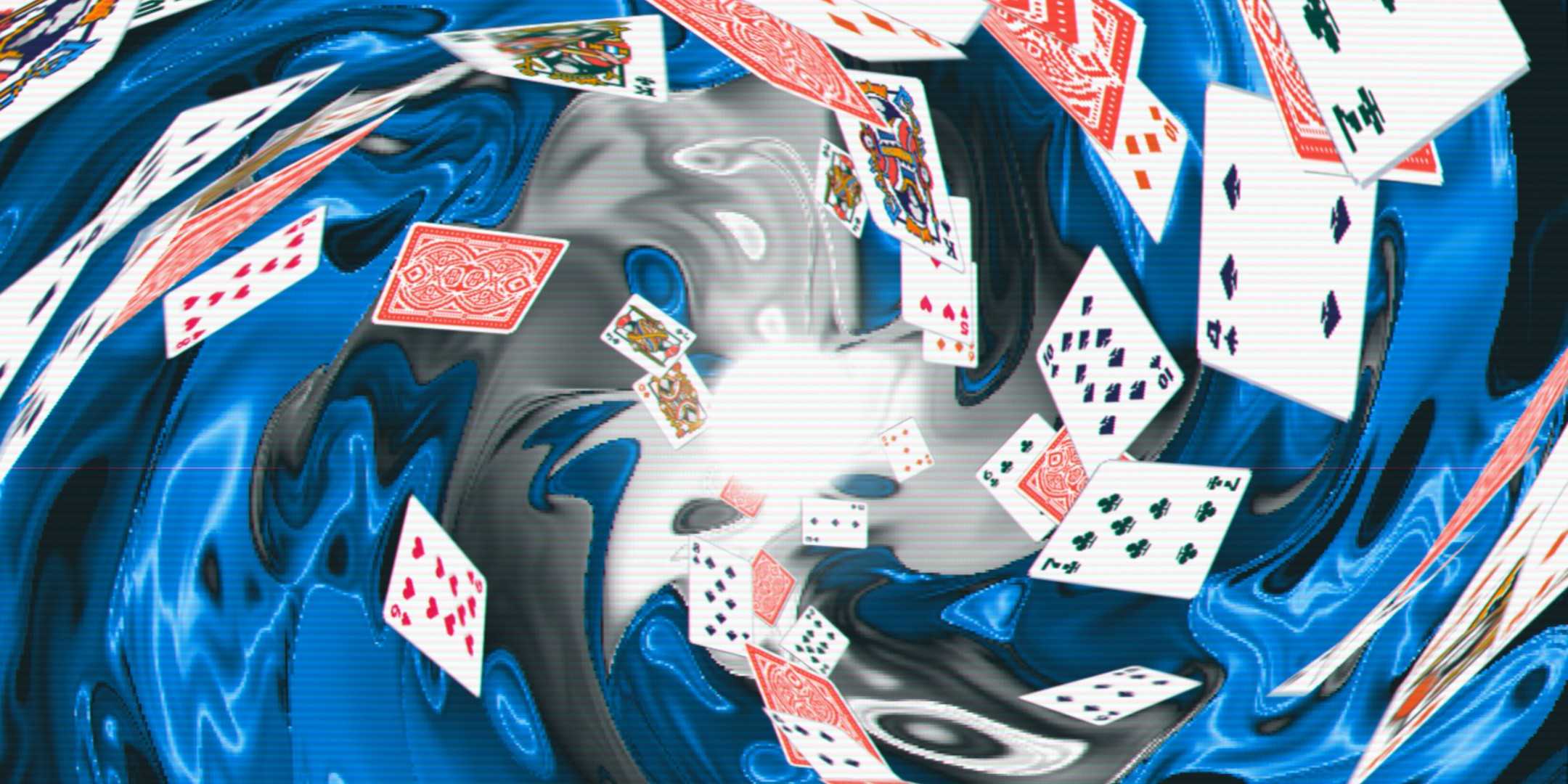 Заголовок Balatro, показывающий вводную часть игры, с игральными картами, вращающимися к центру.