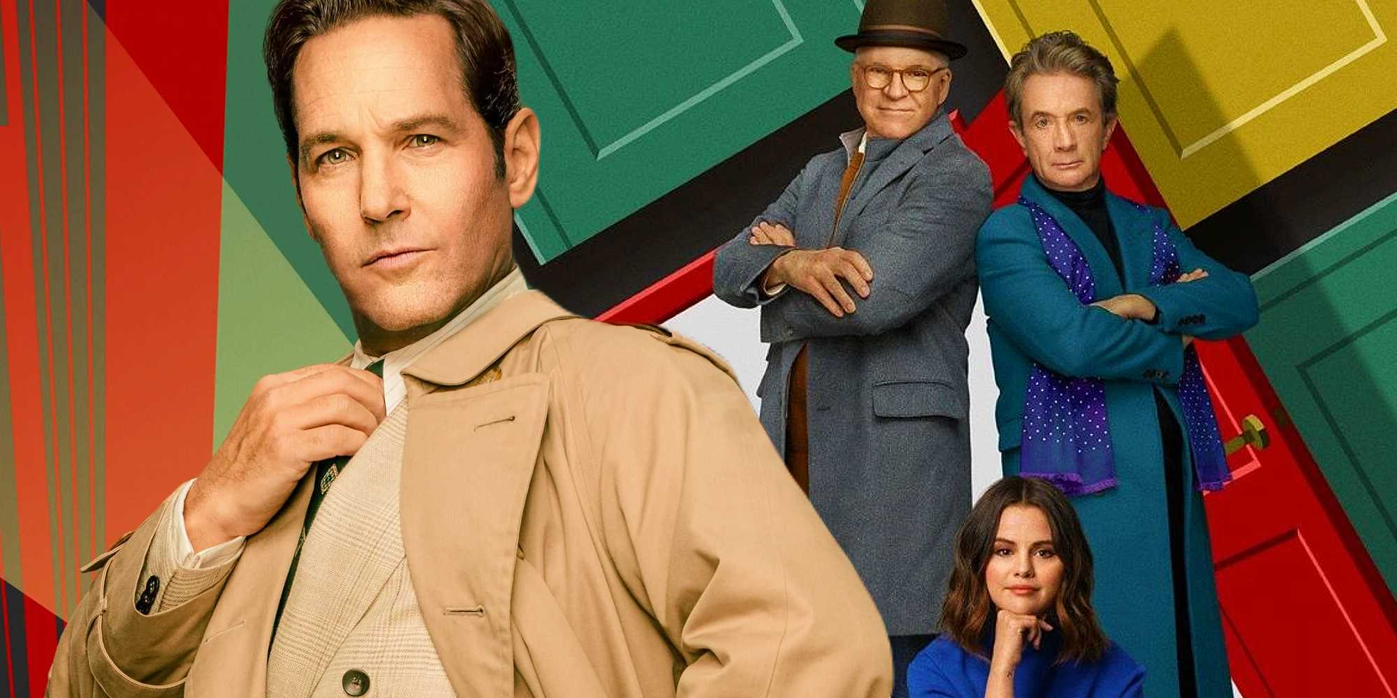 Постер персонажа Бена Гленроя рядом с троицей для 3-го сезона "Only Murders in the Building"