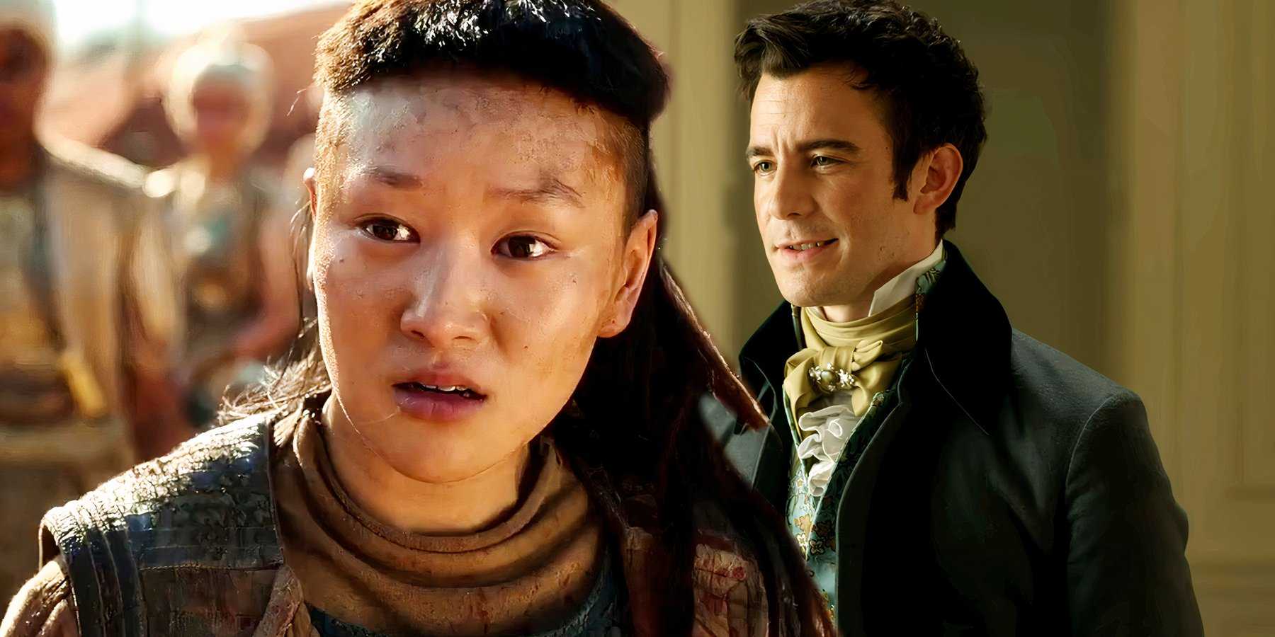 Бенджамин разговаривает с Элоиз в Bridgerton, а Йерин Ха смотрит в сторону в Halo