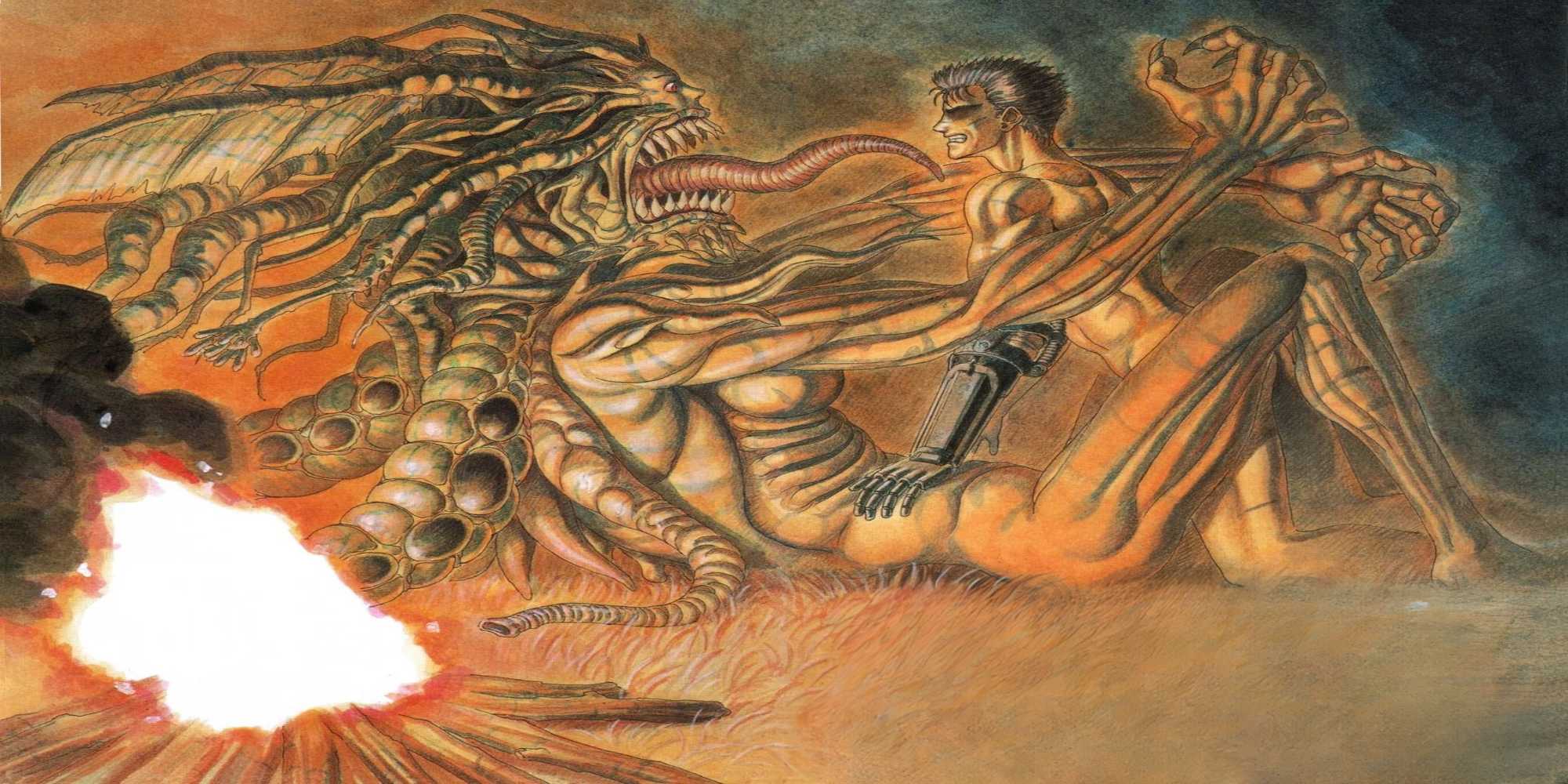 Гутс из "Берсерка", видит демона, который хватает его, когда они оба лежат рядом с костром.