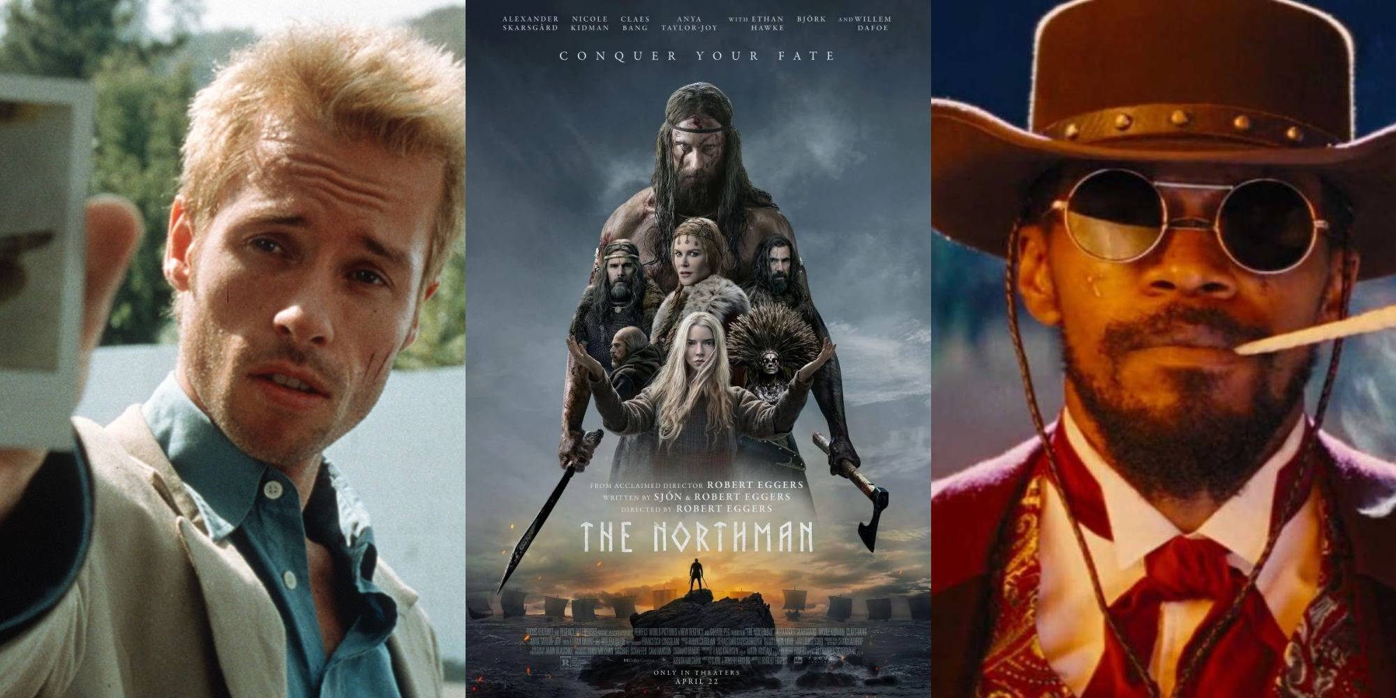 Разделенное изображение кадра из фильма "Momento", постера к фильму "The Northman" и Джейми Фокса в фильме "Django Unchained"