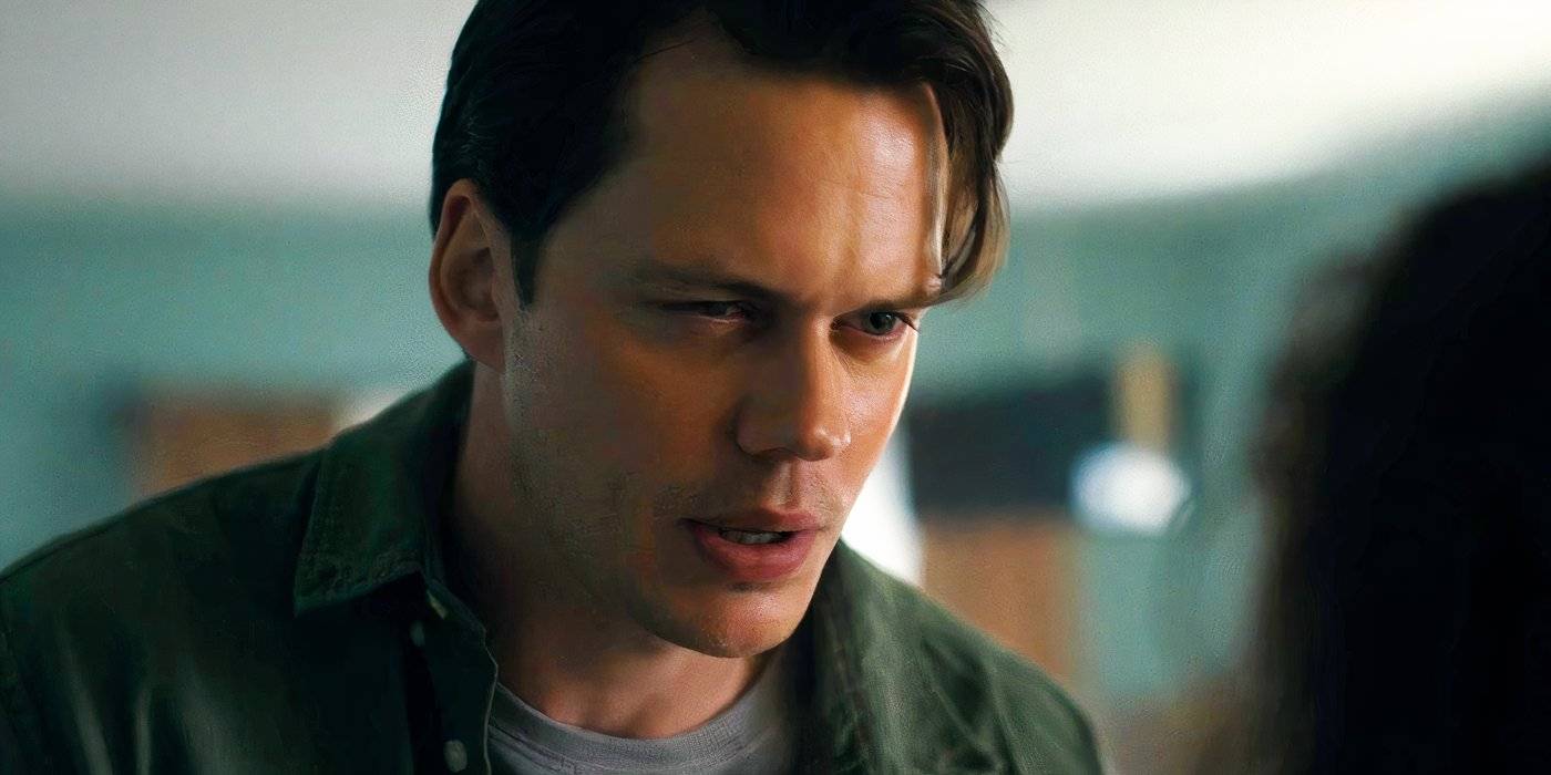 Билл Скарсгард, выражающий беспокойство в фильме "Барбариан"