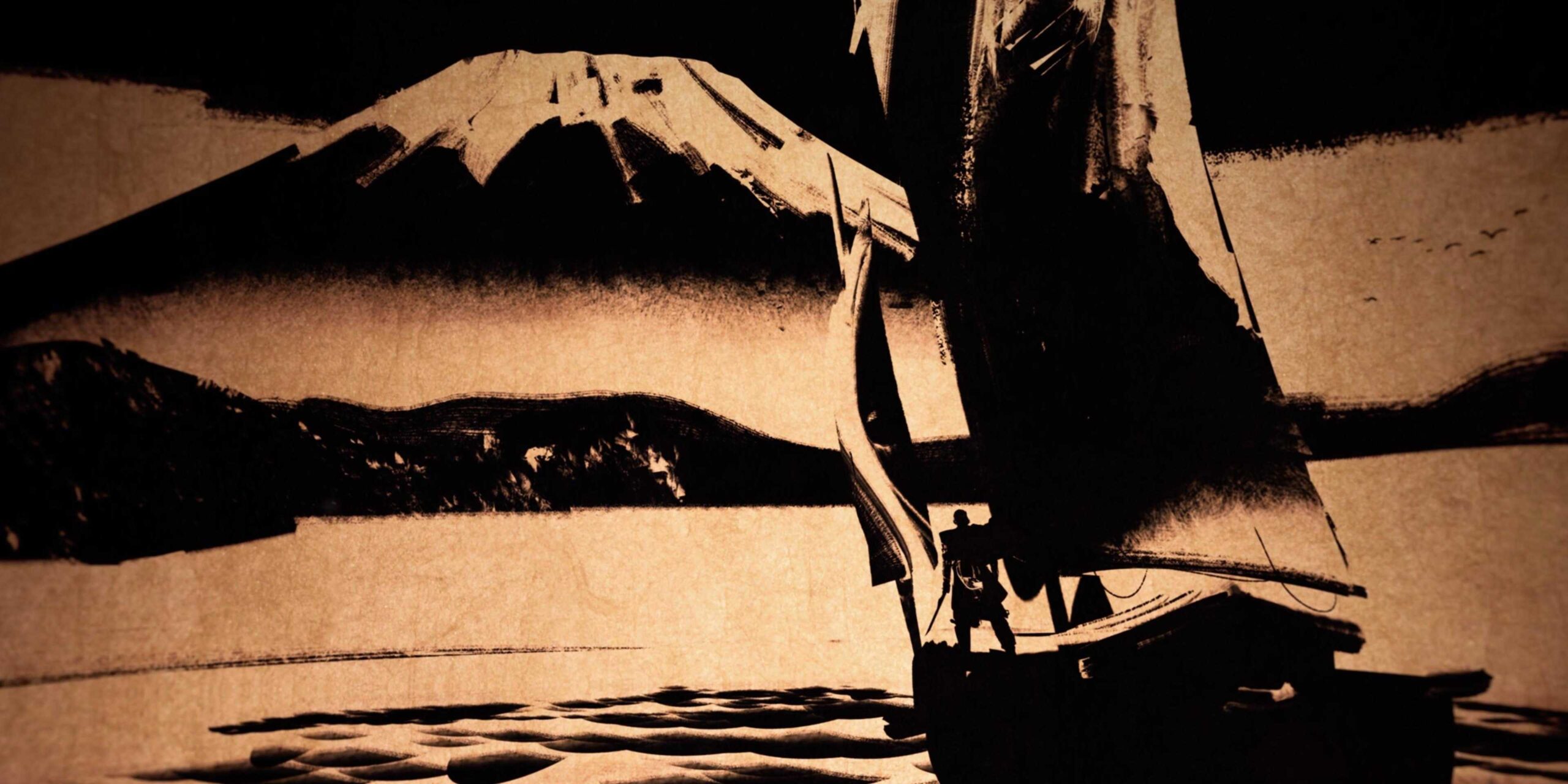 Черно-безовая картина Джина Сакая, плывущего к горе Йотей в игре Ghost of Yotei.