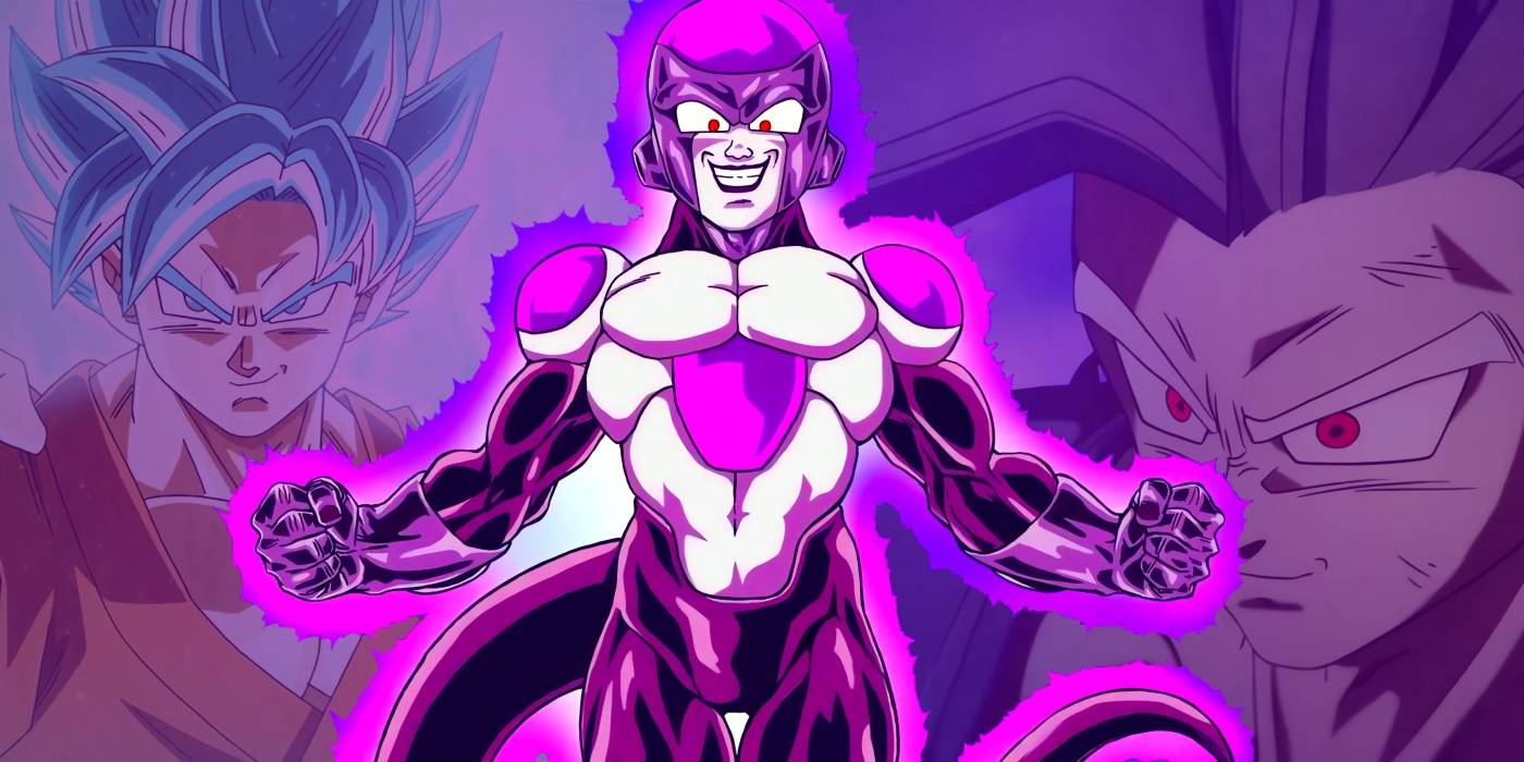 Черный Фриза стоит, выставив руки. За ним видны Гоку и Гохан.