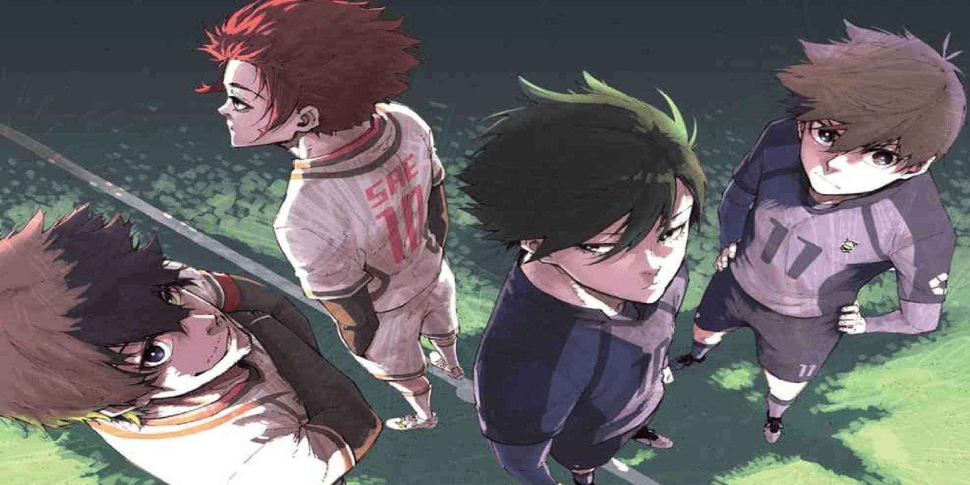 Обложка манги "Blue Lock", изображающая персонажей на поле, отворачивающихся друг от друга в раздражении.