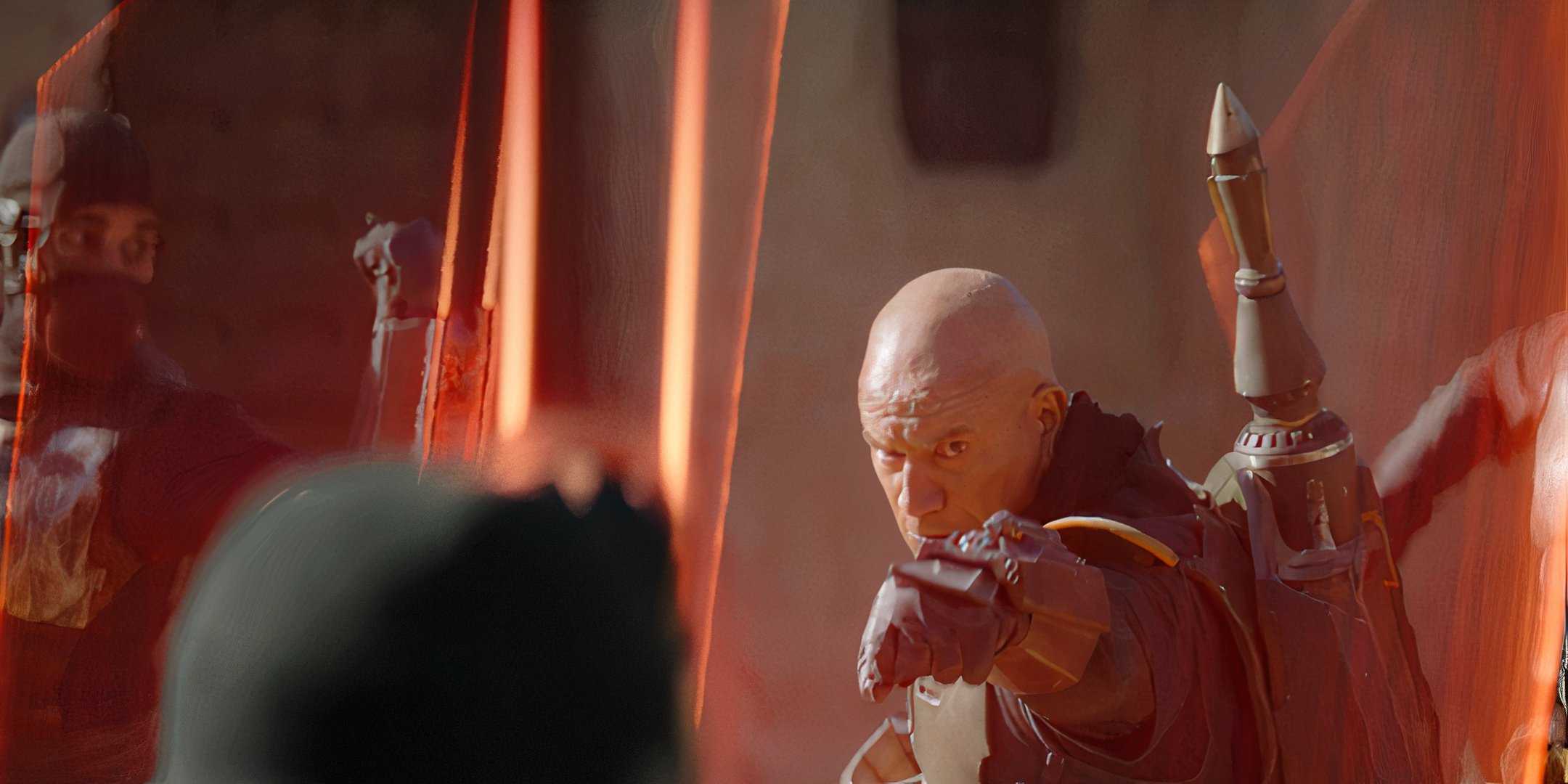 Боба Фэтт готовится открыть огонь в группу убийц, окружающих его на улицах Мос Эспа в 1-м сезоне "Книги Боба Фэтта", 1-й главе "Chapter 1: Stranger in a Strange Land".