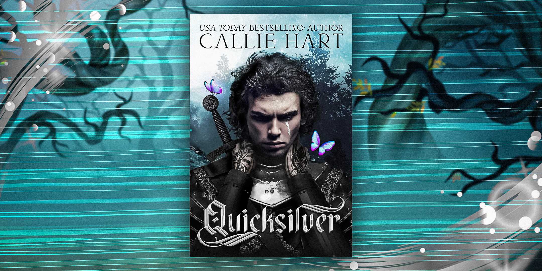 Обложка книги "Quicksilver" от Callie Hart с бирюзовым фоном и черными ветвями по бокам