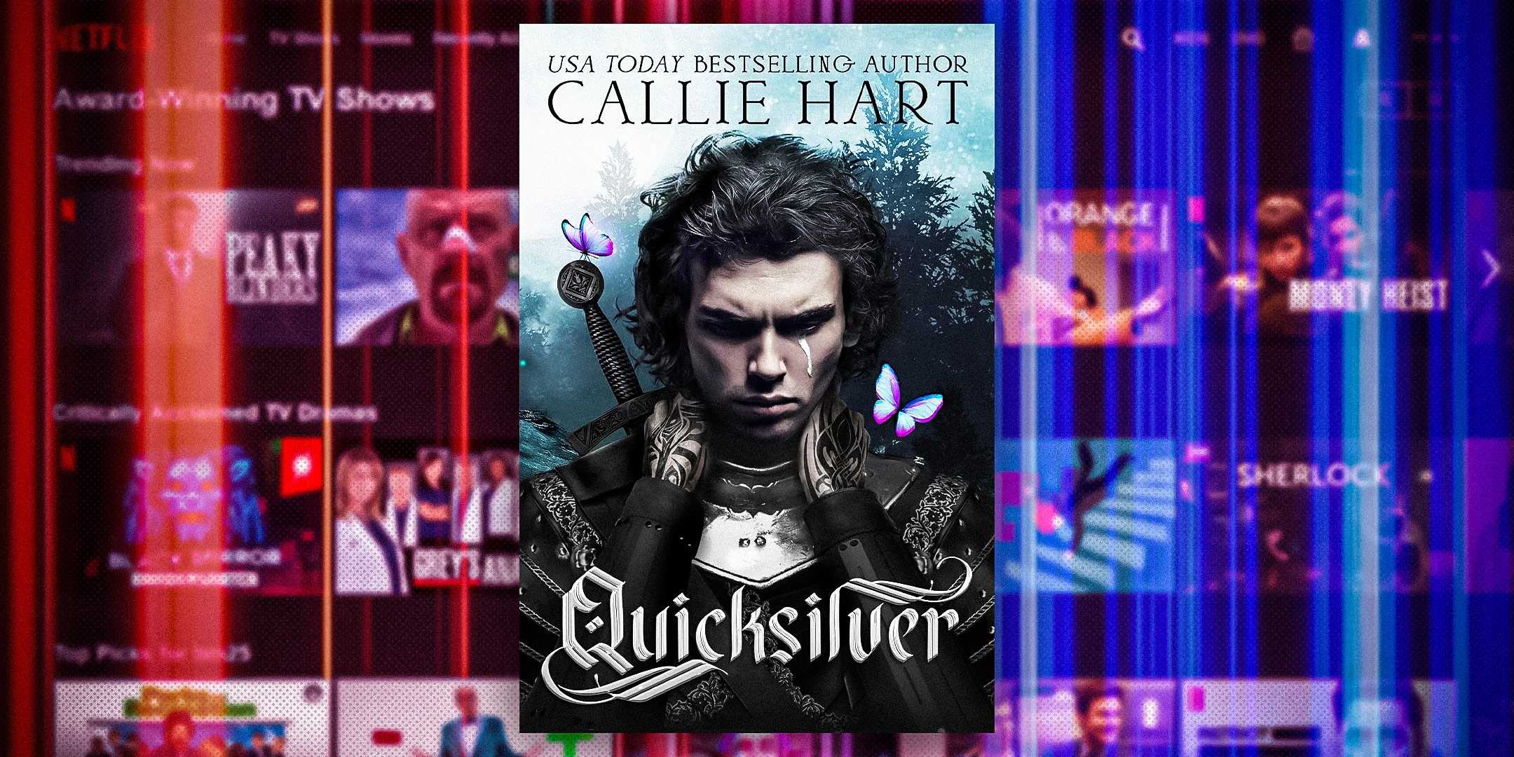 Обложка книги *Quicksilver* от Кэлли Харт с домашним экраном Netflix и красными и синими оттенками в качестве фона