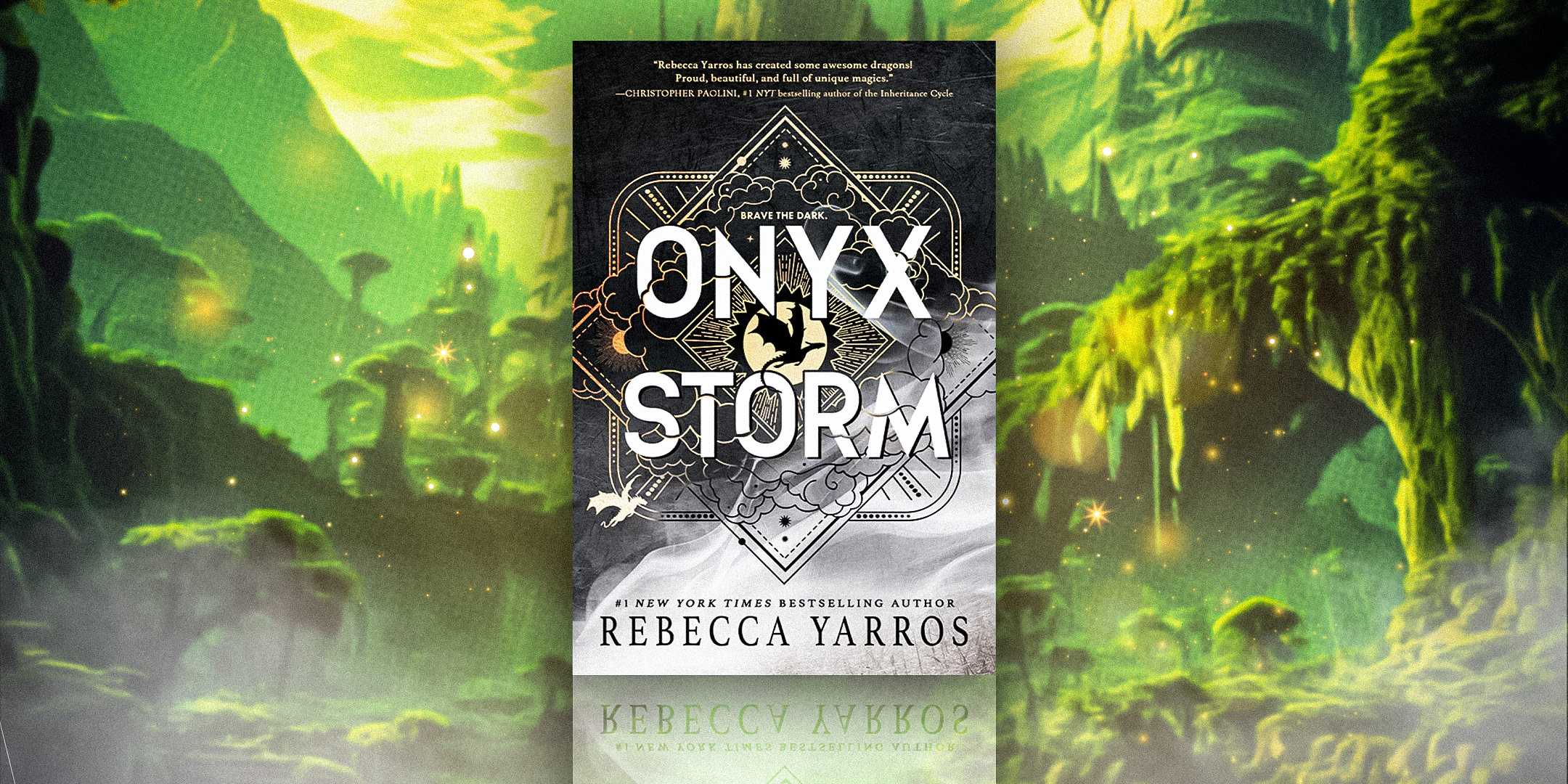 Обложка книги "Onyx Storm" от Ребекки Яррос и зеленый лесной фон