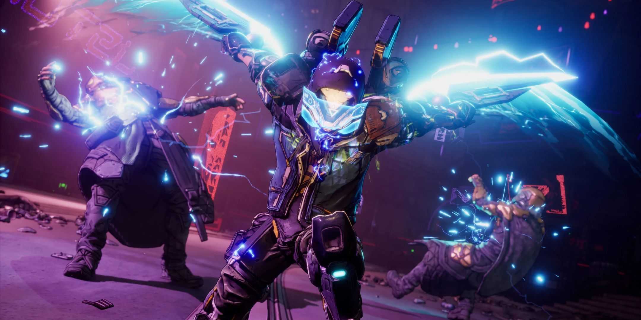 Рафа из Borderlands 4 рубит двух врагов своими электрическими мечами.