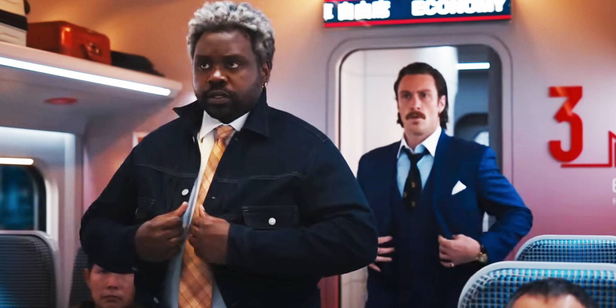 Брайан Тайри Хендри в роли Лемона и Эйрон Тейлор-Джонсон в роли Тандерлайн в фильме Bullet Train