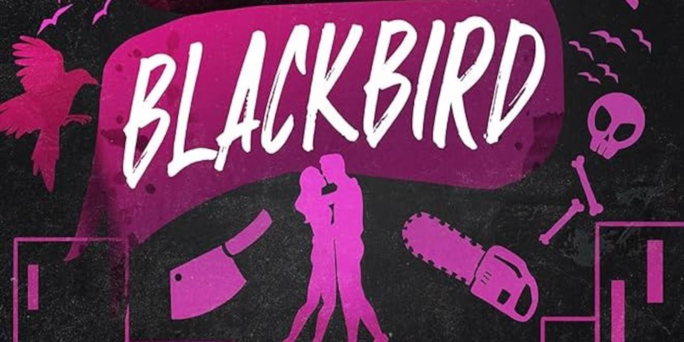 Обложка фильма "Butcher and Blackbird" с надписью "Blackbird", парой, целующейся, и розовым оружием