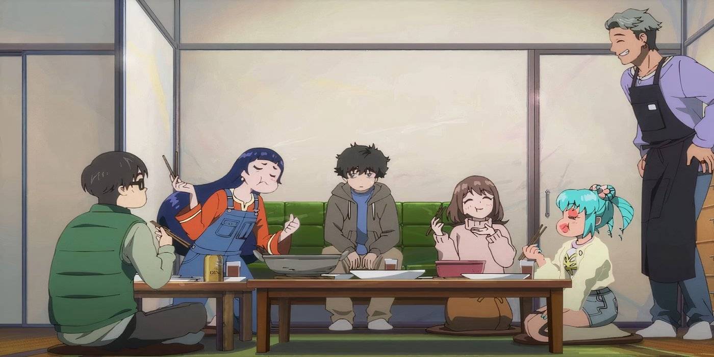 Группа друзей в Негативном Позитивном Рыбаке сидит на диване и столе