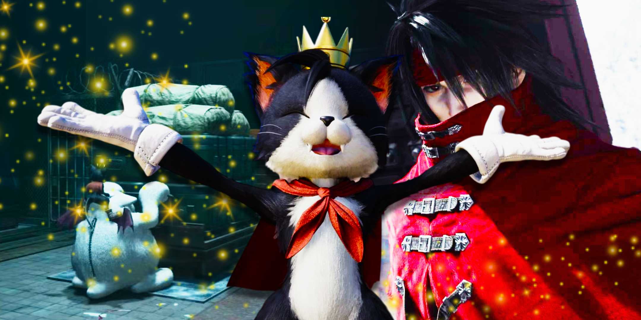 Кейт Сити с вытянутыми руками и Винсент Валентин из Final Fantasy 7 Rebirth за ним.