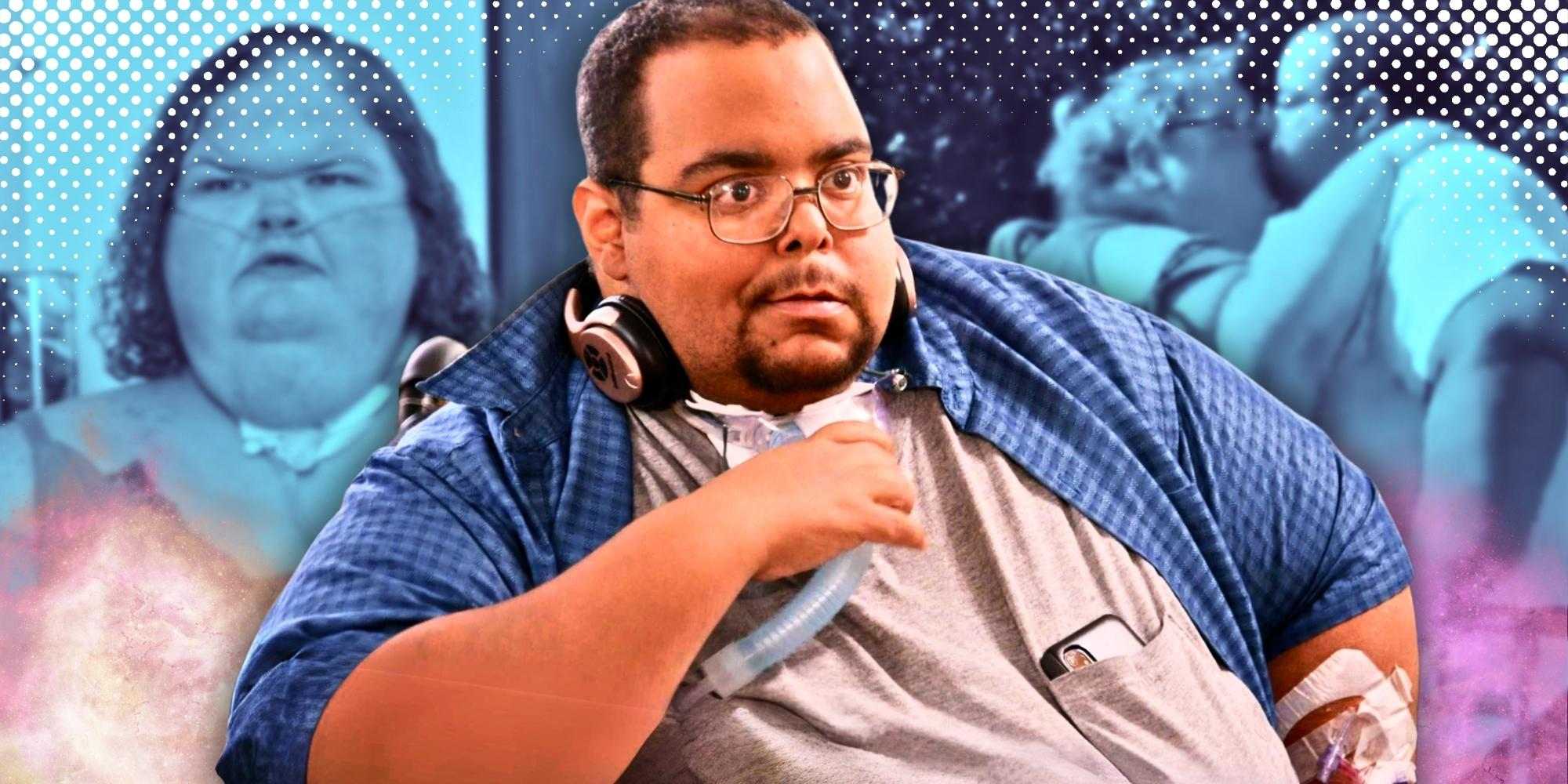 caleb willingham from 1000 lb sisters wearing a trach tube in monrage with tammy slaton in the background