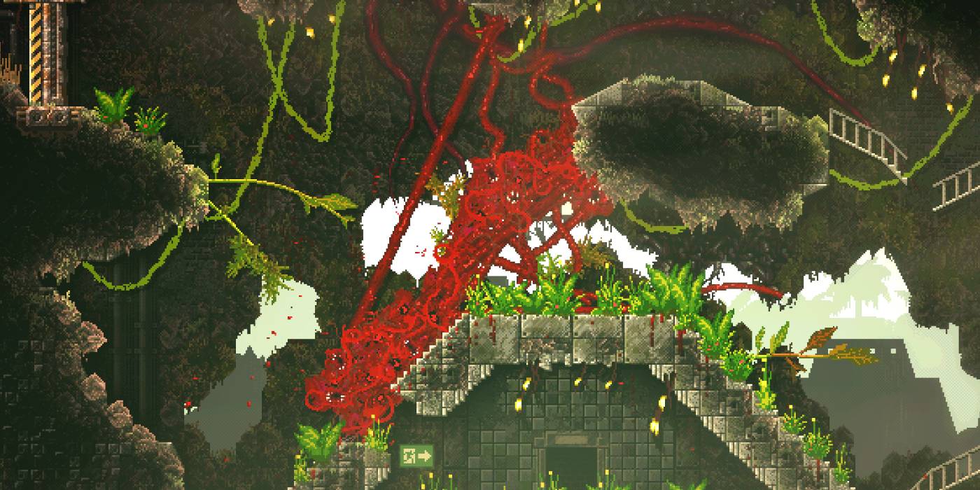 Красный монстр с щупальцами перемещается в джунглях в игре Carrion.