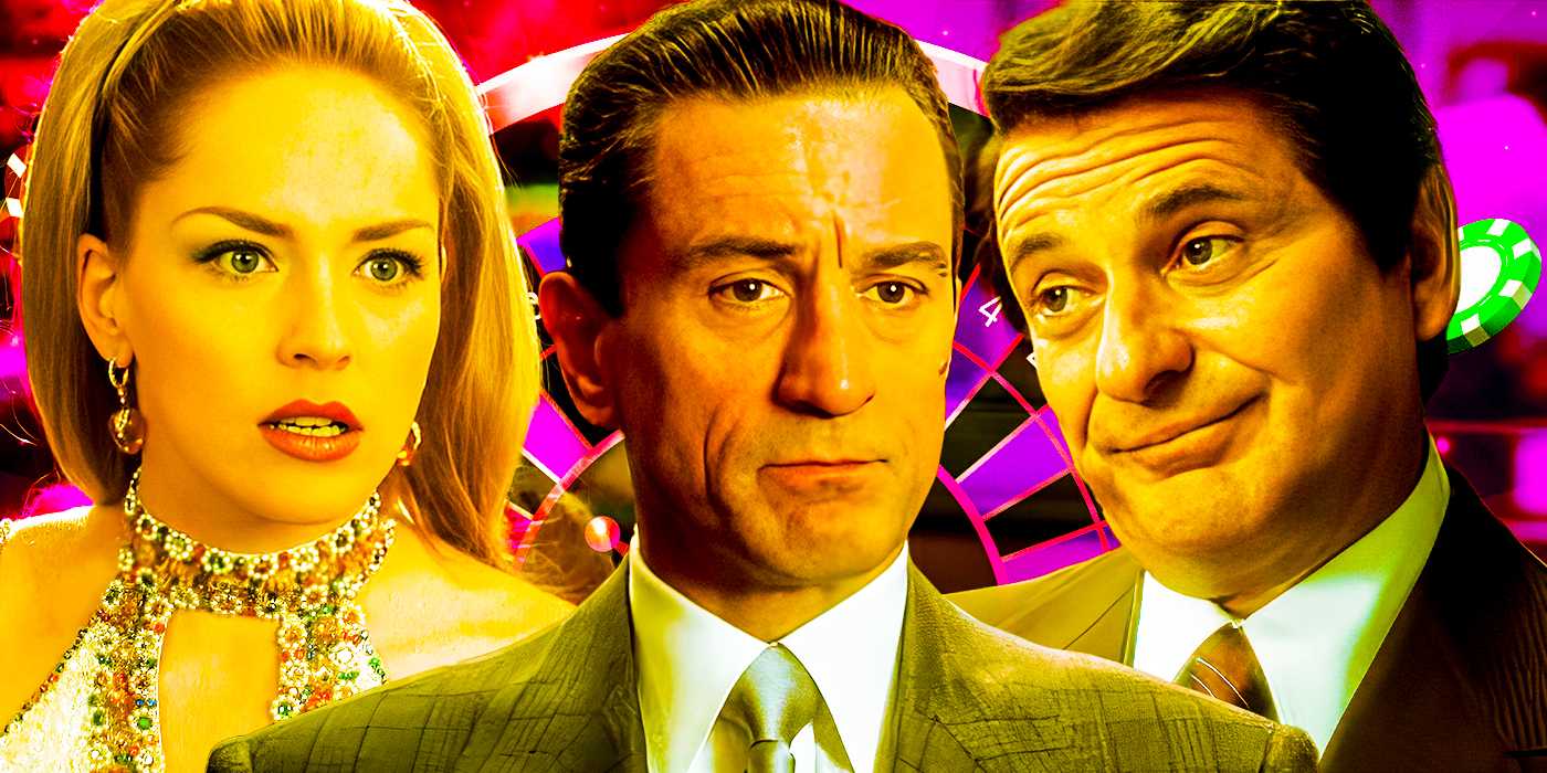 Коллаж Шаррон Стоун, Роберта Де Ниро и Джо Пиз из фильма "Кейсo" на фоне фиолетового фона