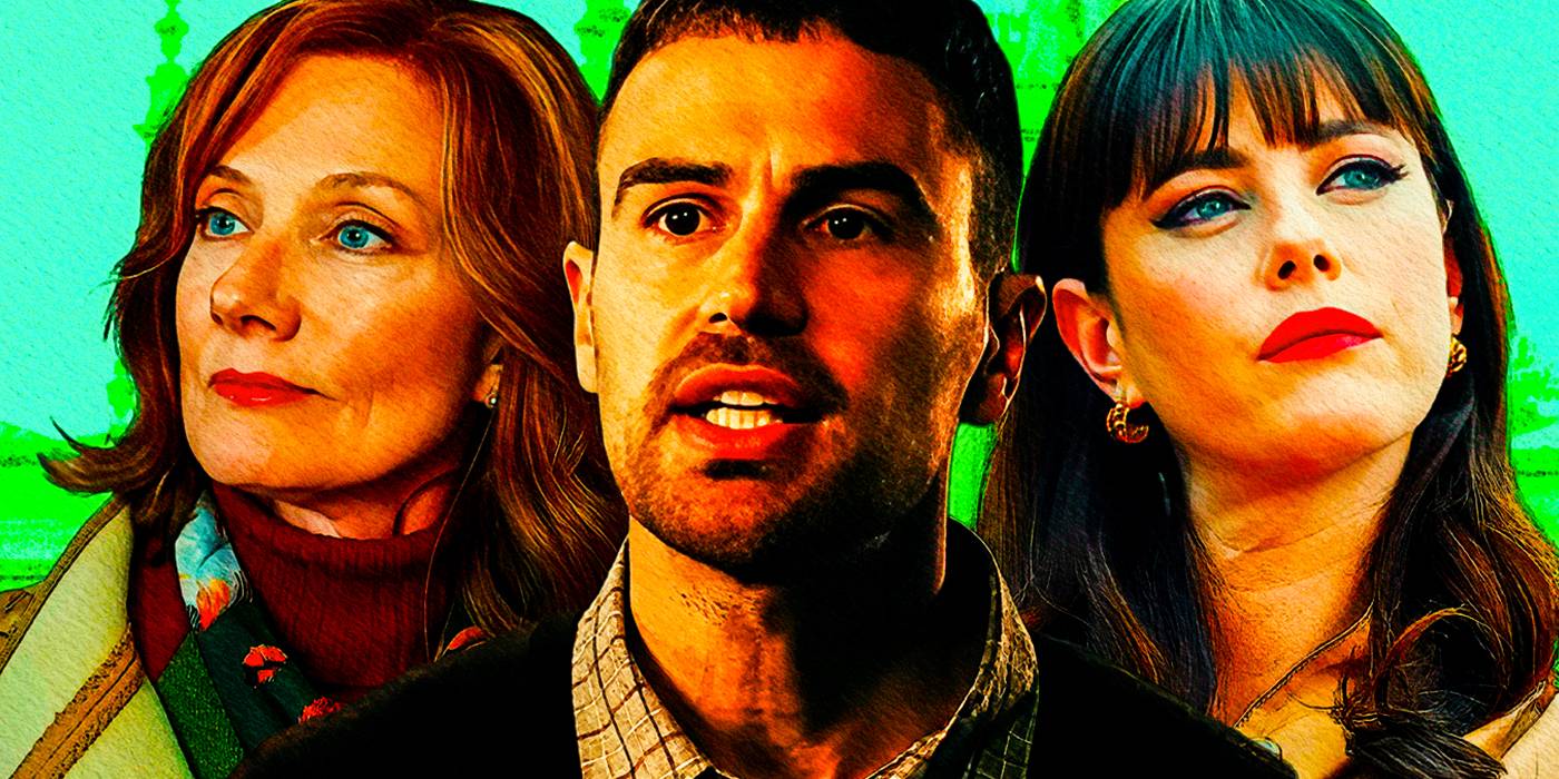 Композитное изображение Джоули Ричардсон в роли Леди Сабрины Халстоу, Тео Джеймса в роли Эдди Халстоу и Каи Скоделарио в роли Саши Глэйс в "The Gentlemen"