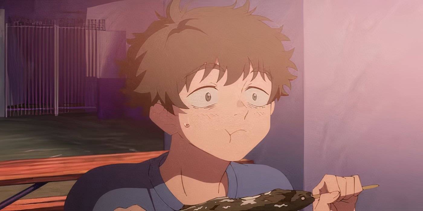 Негативный Позитивный Рыбак Сассаки ест рыбу на палке