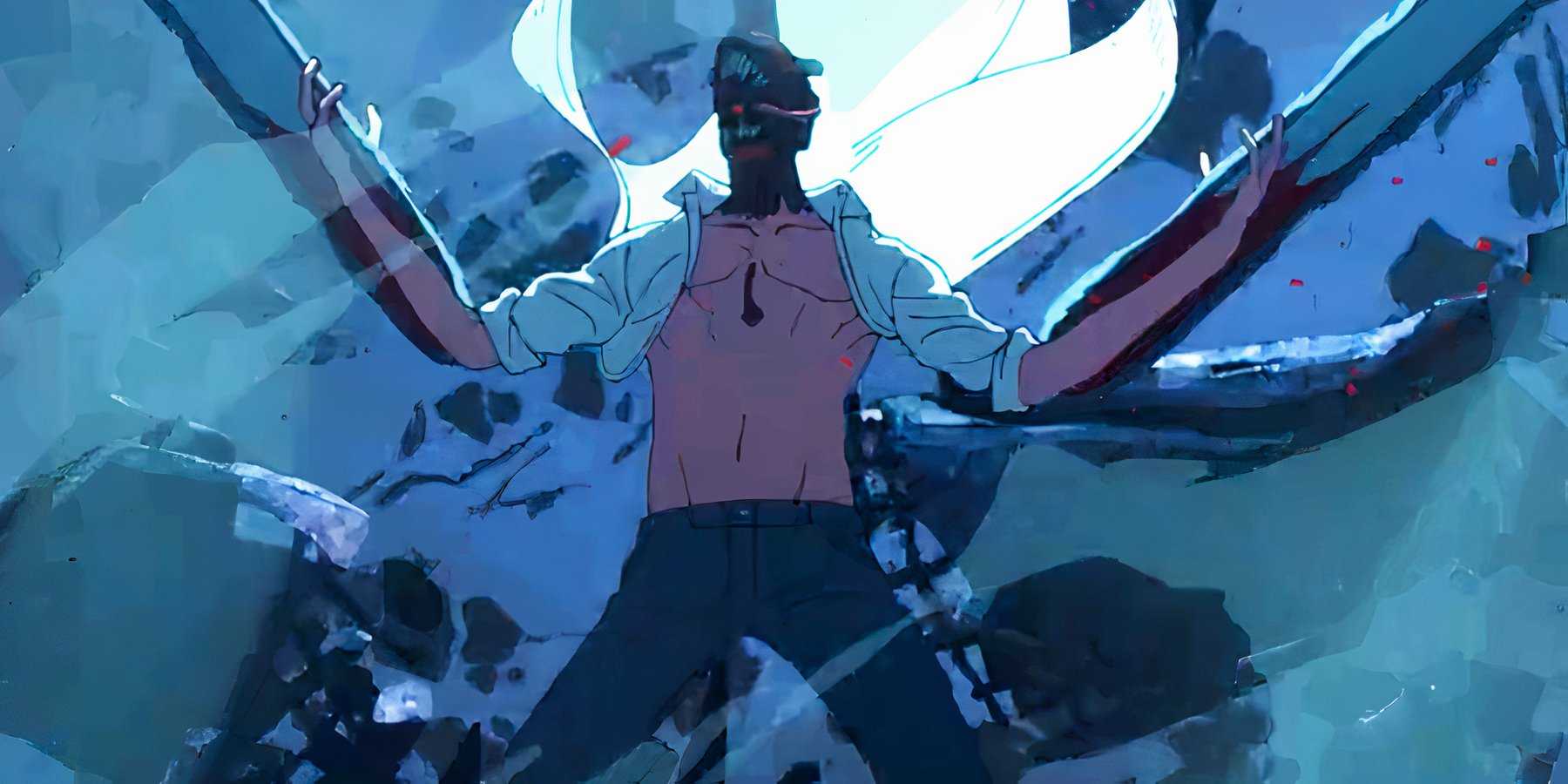 Денджи из *Chainsaw Man* с расстегнутой рубашкой, вопящий с бензопилами.