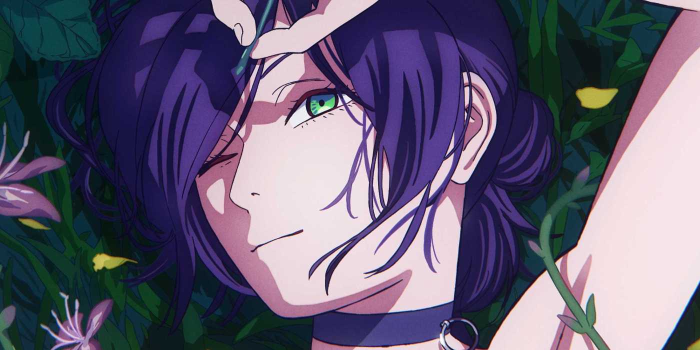 Chainsaw Man The Movie's Reze lying in a bed of flowers with one eye closed.