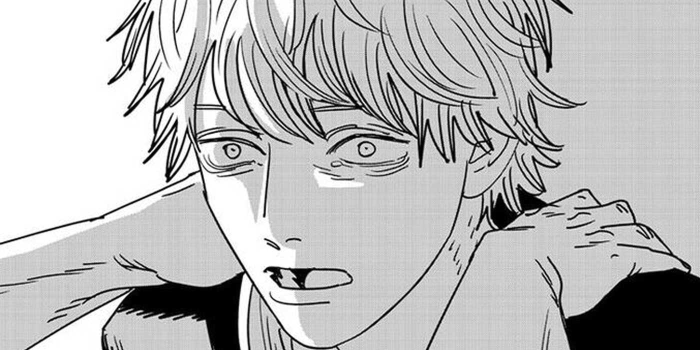 Денджи из "Chainsaw Man" с испуганным выражением лица.