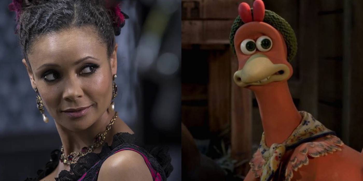 Разделенное изображение Тандиве Ньютон в West World и ее персонажа Джингер в Chicken Run 2