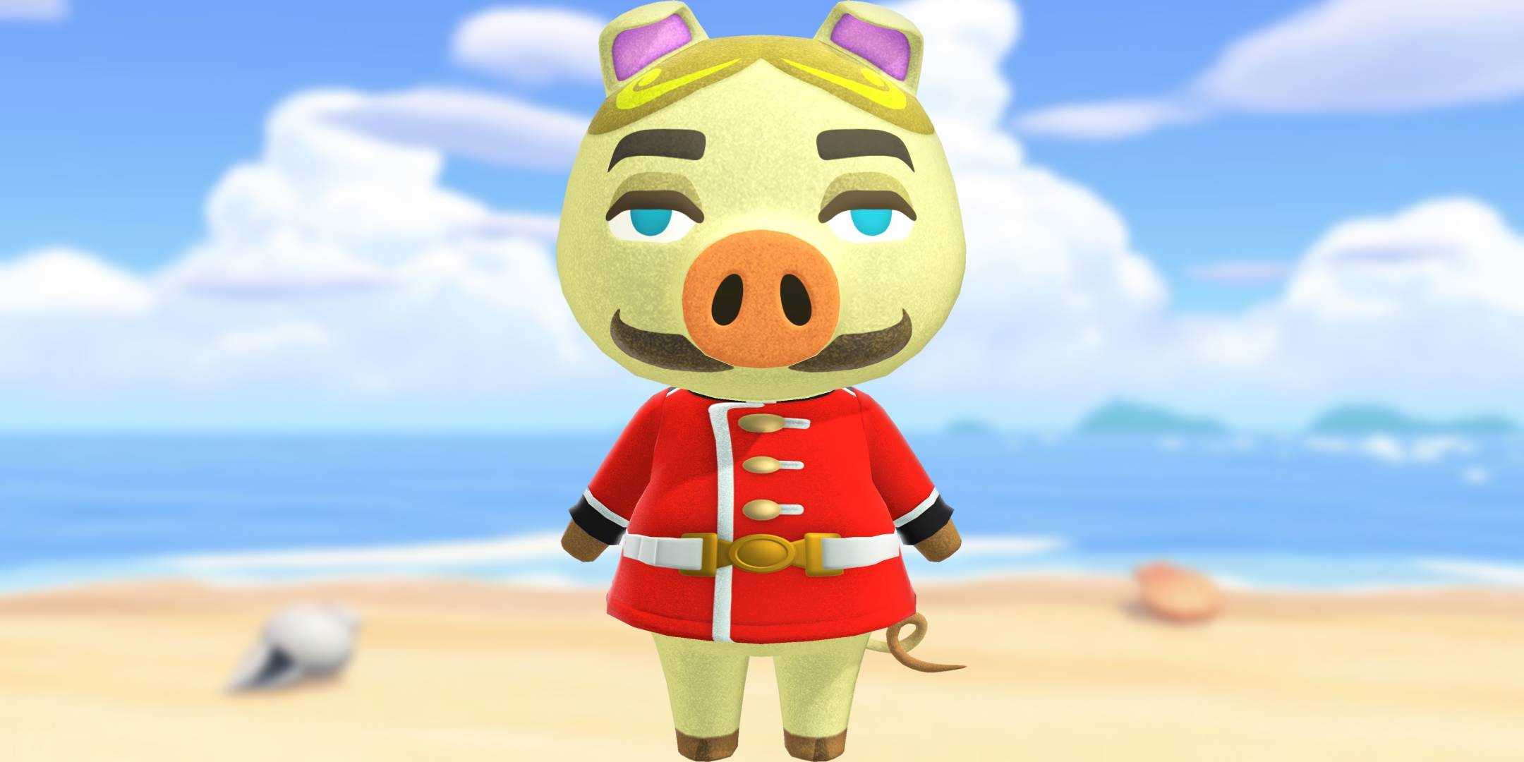 Чопс стоит перед пляжем в Animal Crossing New Horizons.