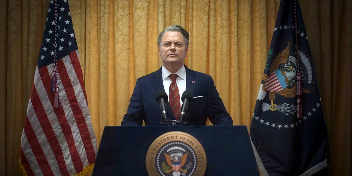 Ник Офферман в роли президента США в фильме "Гражданская война" 2024 года.