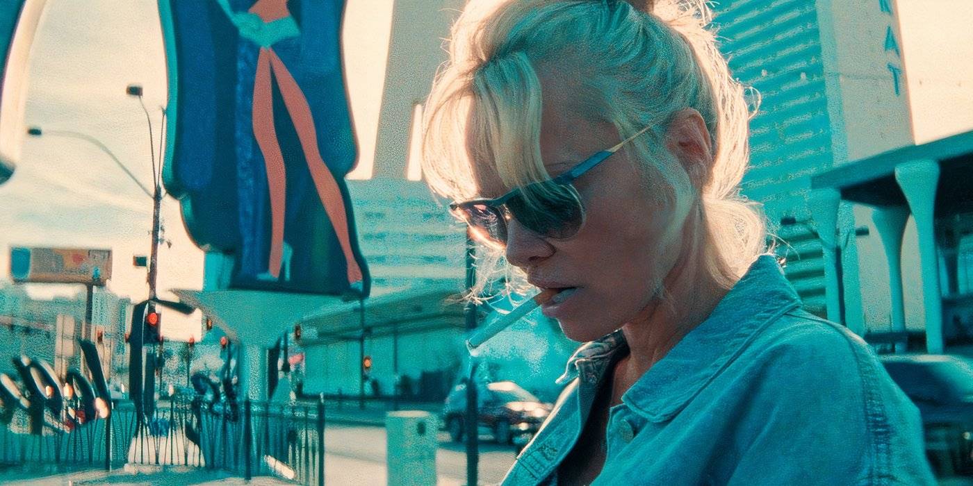 Крупный план Памелы Андерсон, курящей сигарету в The Last Showgirl (1)