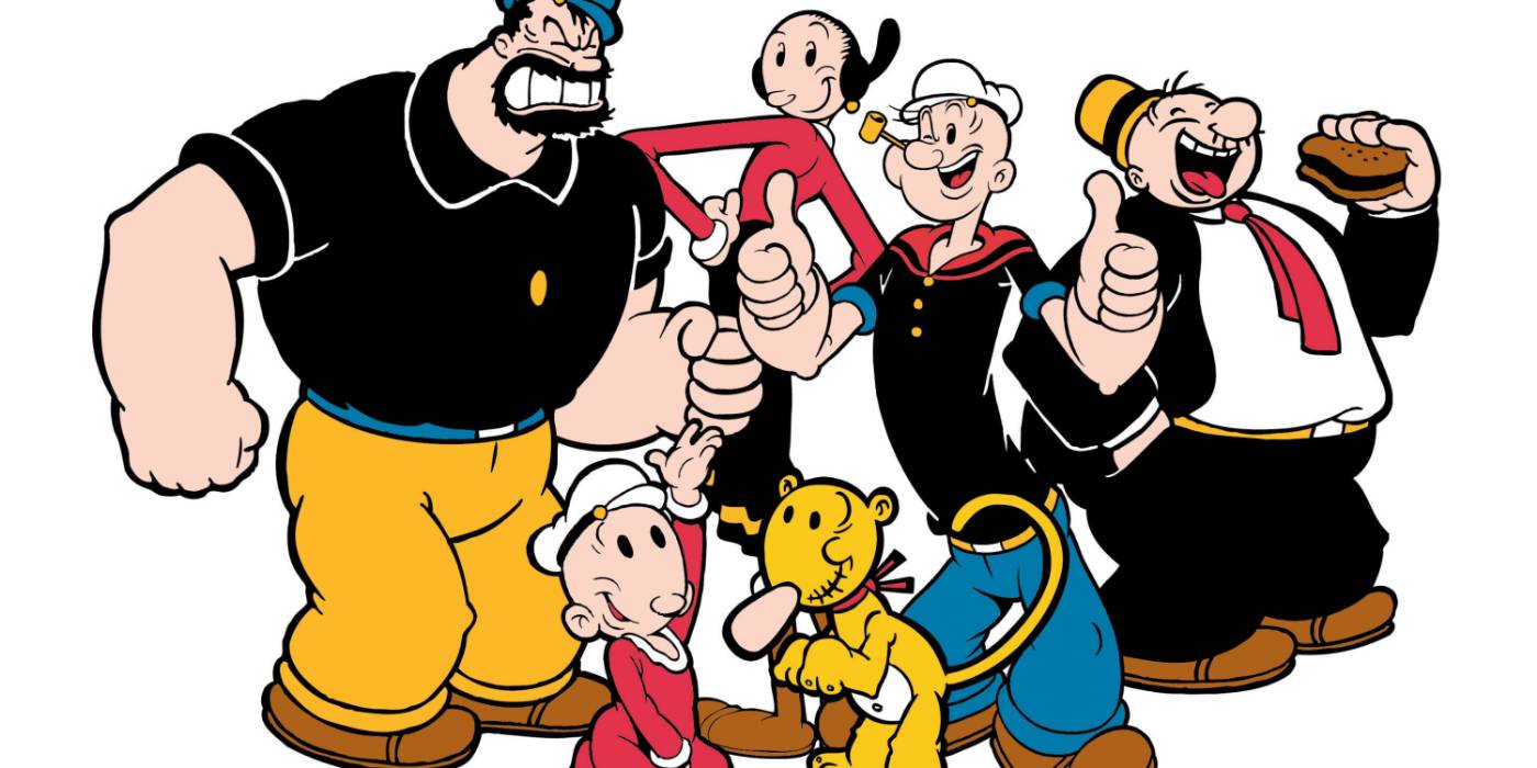 Изображение Popeye и его друзей на белом фоне.